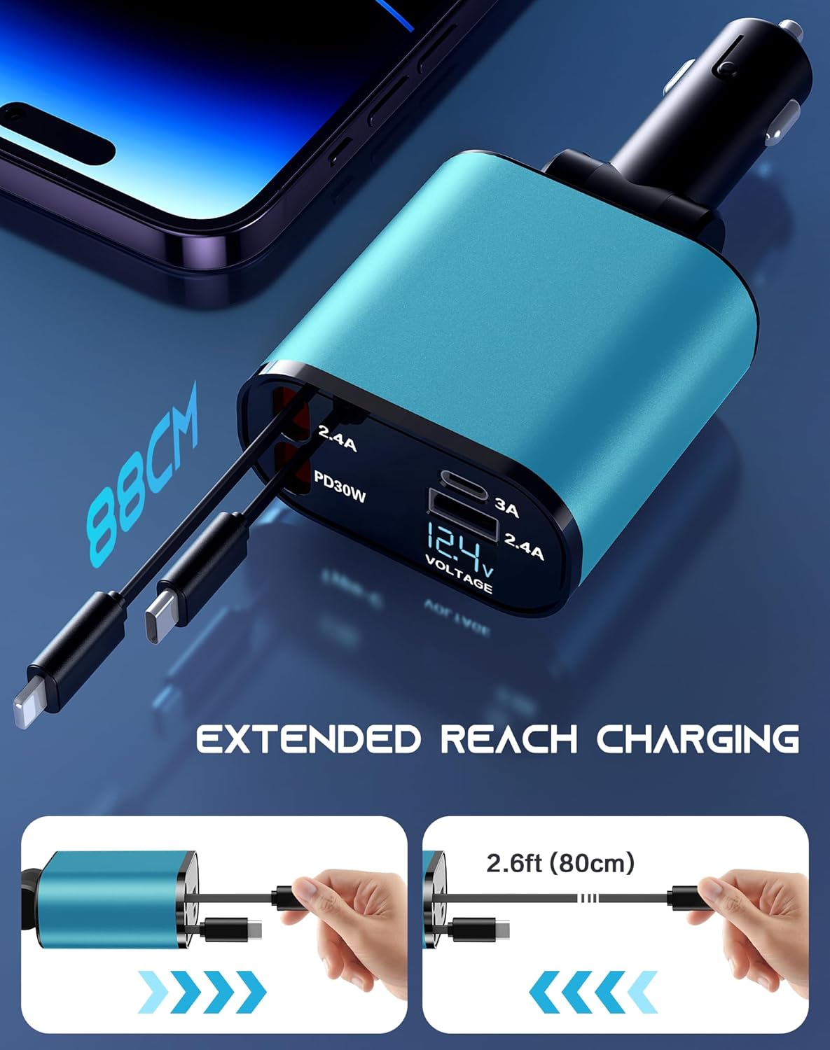 Retractable Car Phone Charger, 4 in 1 Fast Charge Car Phone Charger with 2 Retractable Cables(2.6ft) and 2 USB Ports, Compatible with iPhone15/14/15 Pro Max,Samsung (Light Blue)
