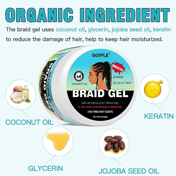 16 OZ Braiding Gel for Twist, Locs, Braids, Edge Control - Extra Hold, High Shine, No Flake, Long Lasting for Locks, Cornrows - Smooths & Tames Frizz (Tea Tree)