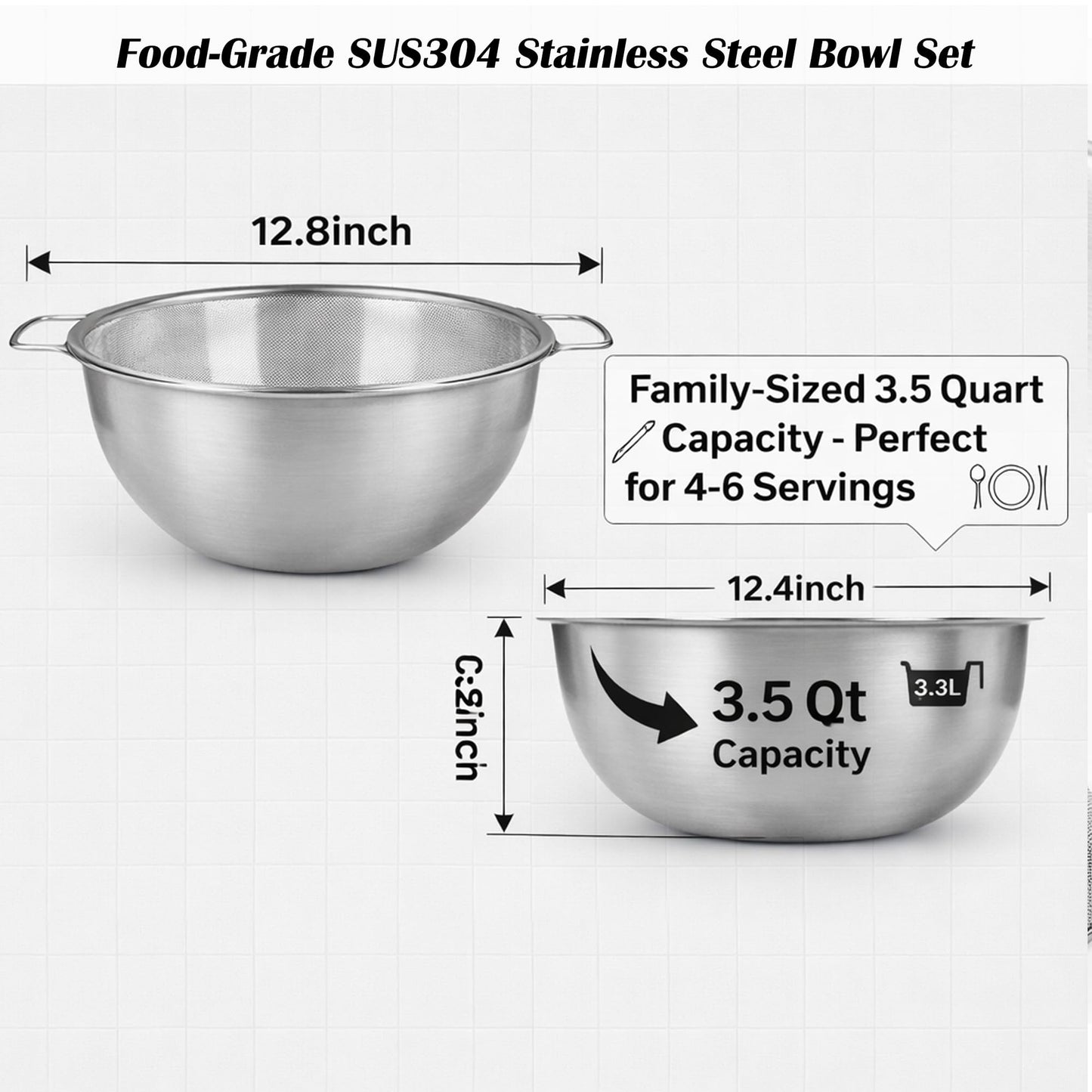 Stainless Steel Mixing Bowl and Colander Set, Multipurpose Kitchen Basket with Fine Mesh Colander, Salad Mixing Bowl with Strainer,3.5 Qt Large Capacity For Rice Fruit Vegetable (Stainless Steel)