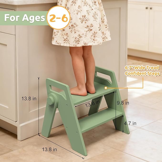 Wooden 2 Step Stool for Kids Bathroom Foldable 2-Step for Toilet Potty Training, Child Stepping Stool for Kitchen Nursery Bedroom Green