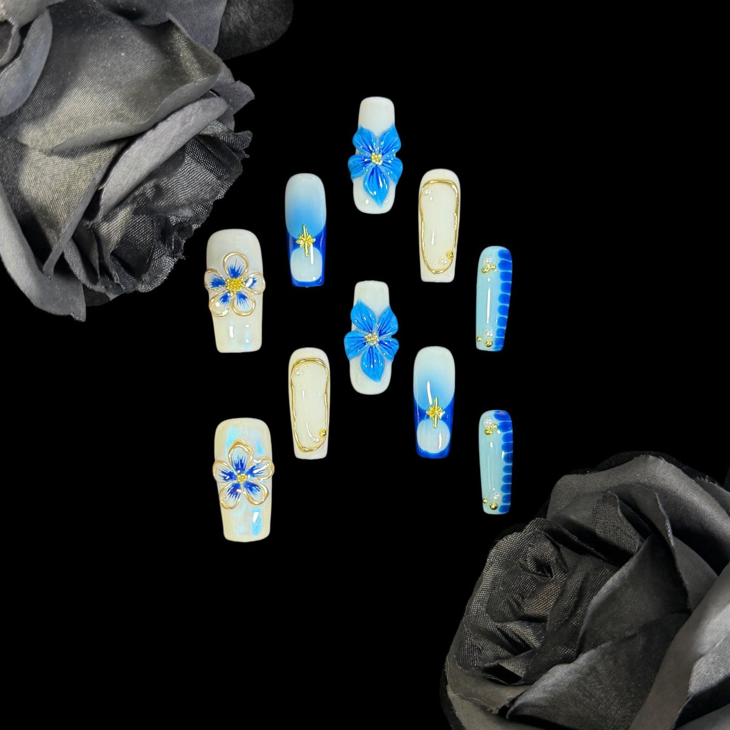 3D Handcrafted Press on Nails, Long/Medium Square Shape, Blue and White Floral, Gold Accent, Reusable Acrylic False Nails, Ocean Bloom (S)