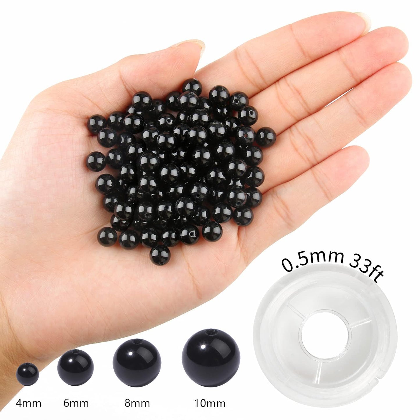 NITOPUPU 100Pcs 8mm Natural Smooth Black Agate Beads Round Loose Gemstone Stone Beads for Jewerly Making with Crystal Stretch Cord