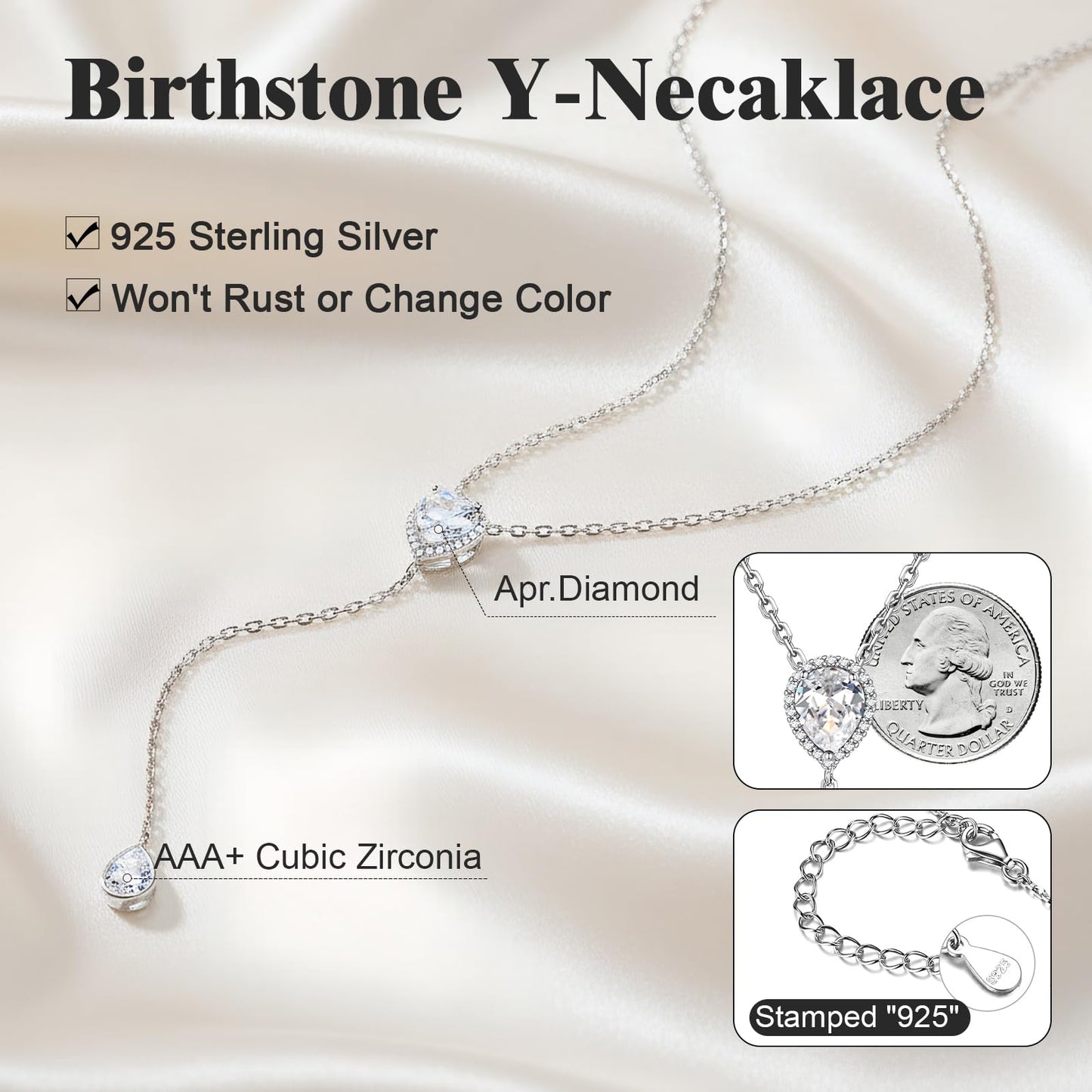 FOCALOOK 925 Sterling Silver CZ Teardrop Lariat Necklace 16"-18" Y Drop Adjustable Birthstone Necklaces for Women