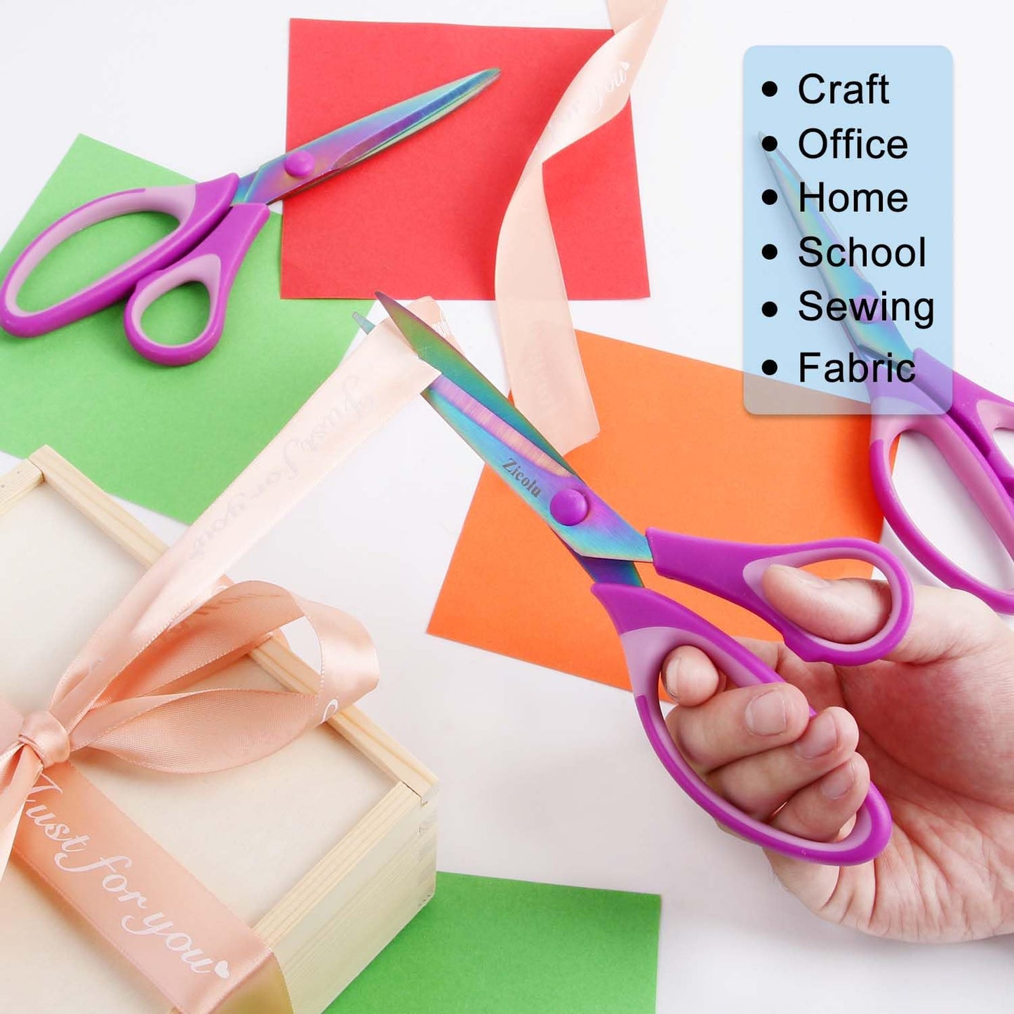 Zicolu 8.5" Scissors All Purpose, Multipurpose Office Scissors Set of 3 Pack, Titanium Coating Sharp Blade, Soft Comfort-Grip, Ideal for Fabric, School, Home, Craft & Sewing, Right/Left Handed, Purple