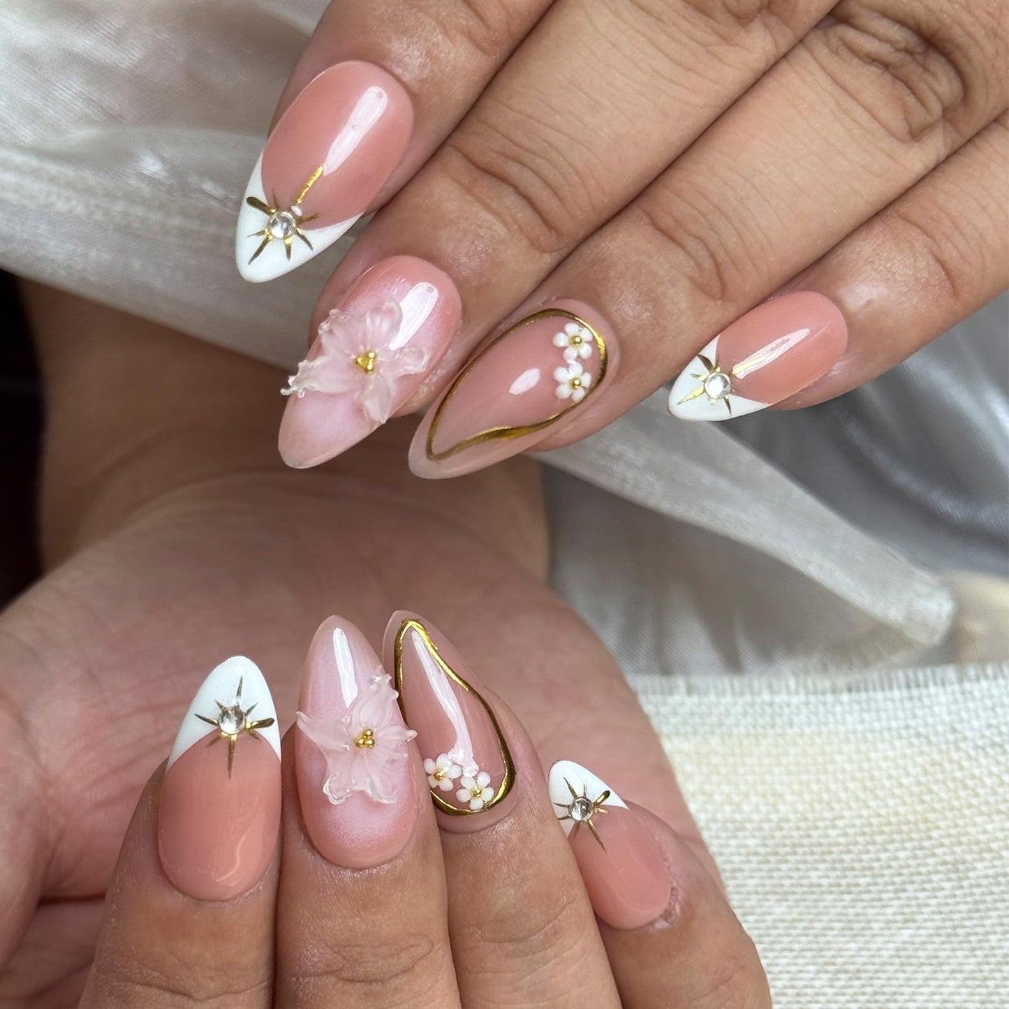 Brown French Tip Press On Nails Medium Almond ，3D Metallic Rhinestones style Design Handmade Press On Nails ，Reusable Glam Art Acrylic False Nails (10 PCS) M SIZE