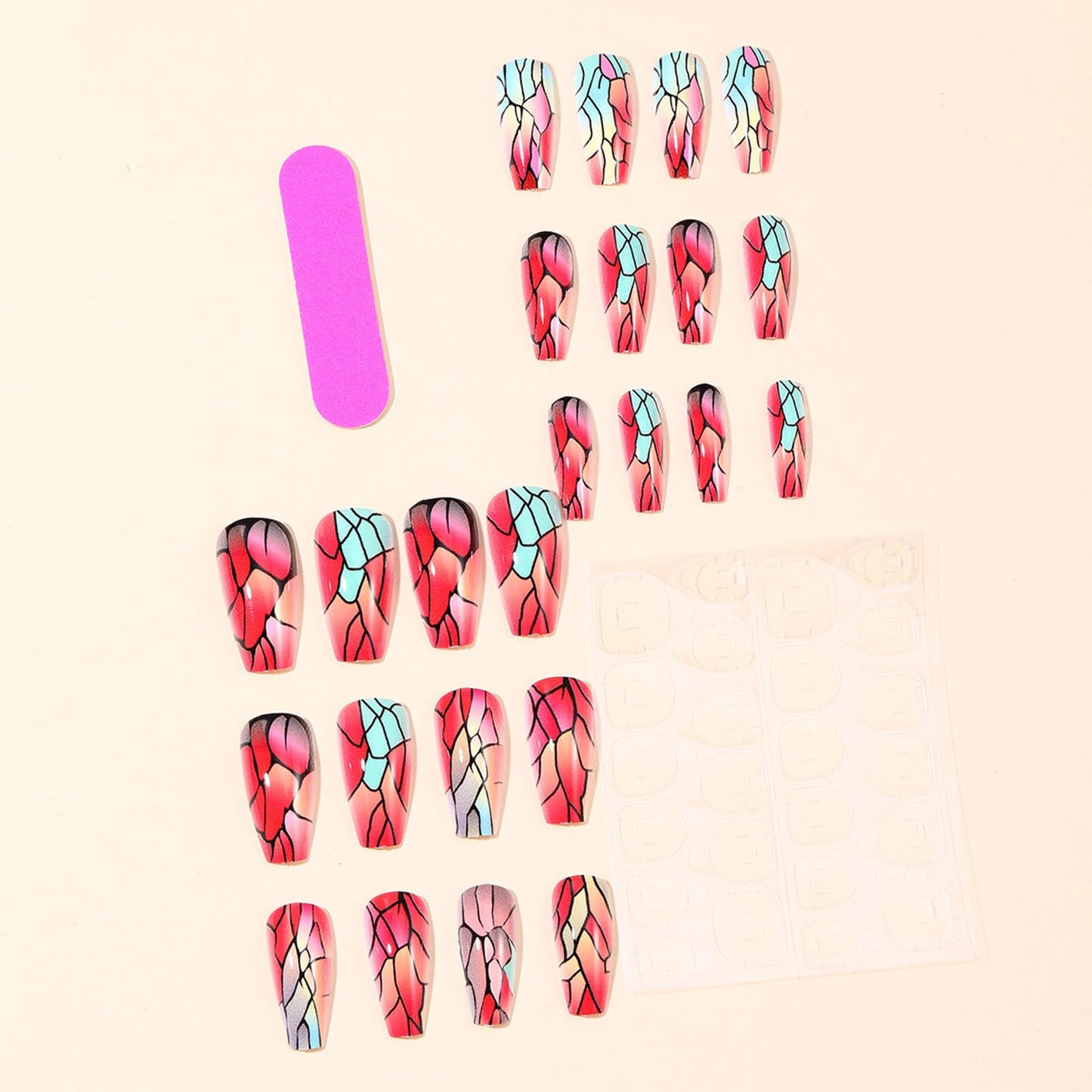 Red Ombre Press on Nails Marble Acrylic Full Cover Fake Nails 24Pcs Glossy Black Gradient Medium Coffin False Nail Crack Stick on Nail Curve Line Gel Glue on Fingernails for Holiday Manicure Art