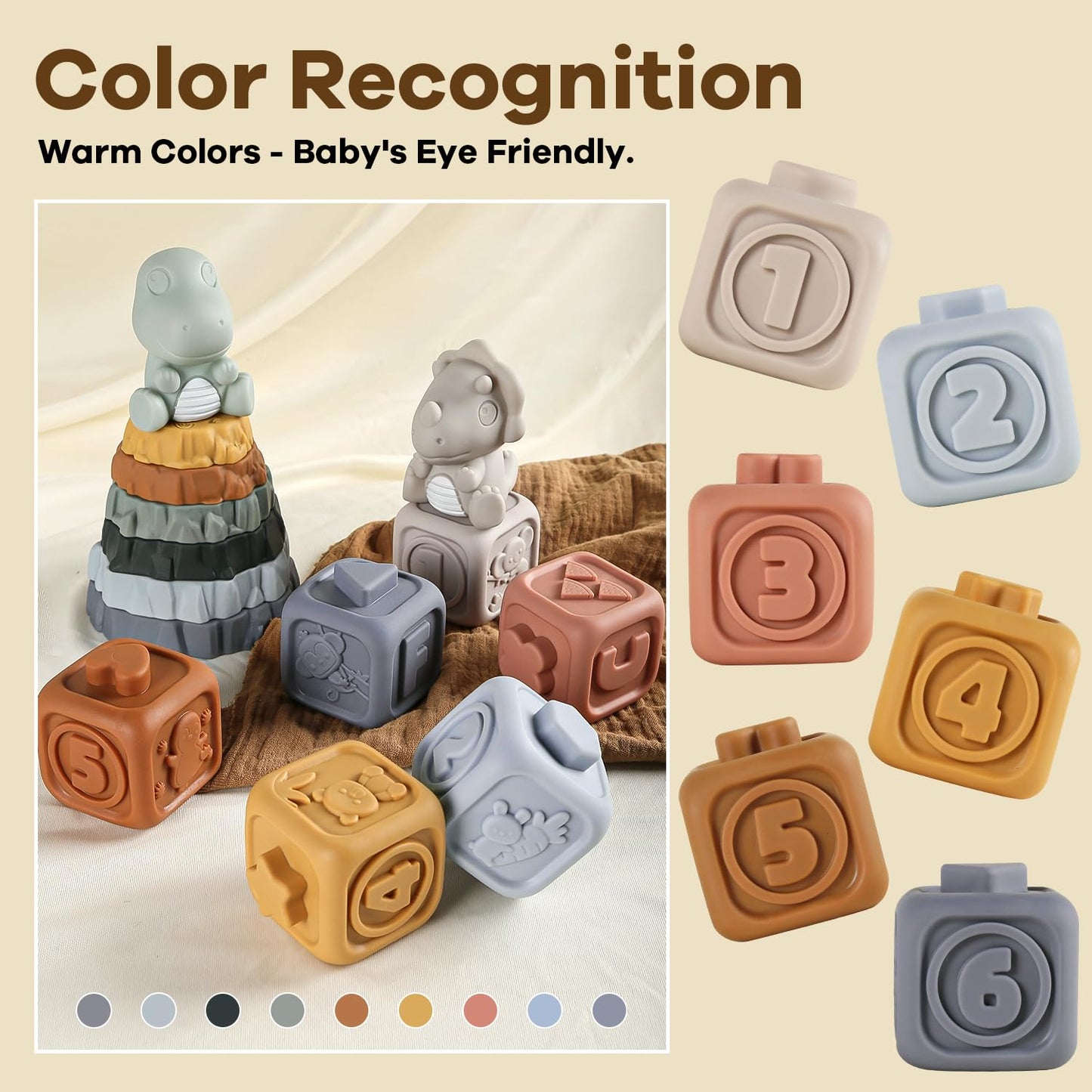 Yrkidstoi Stacking Rings & Nesting Building Blocks for Babies 6 12 18 Months, 14 Pcs Soft Stacker Teething Toys with 2 Dinosaur, Montessori Learning Toys for Infant Toddler Boys Girls