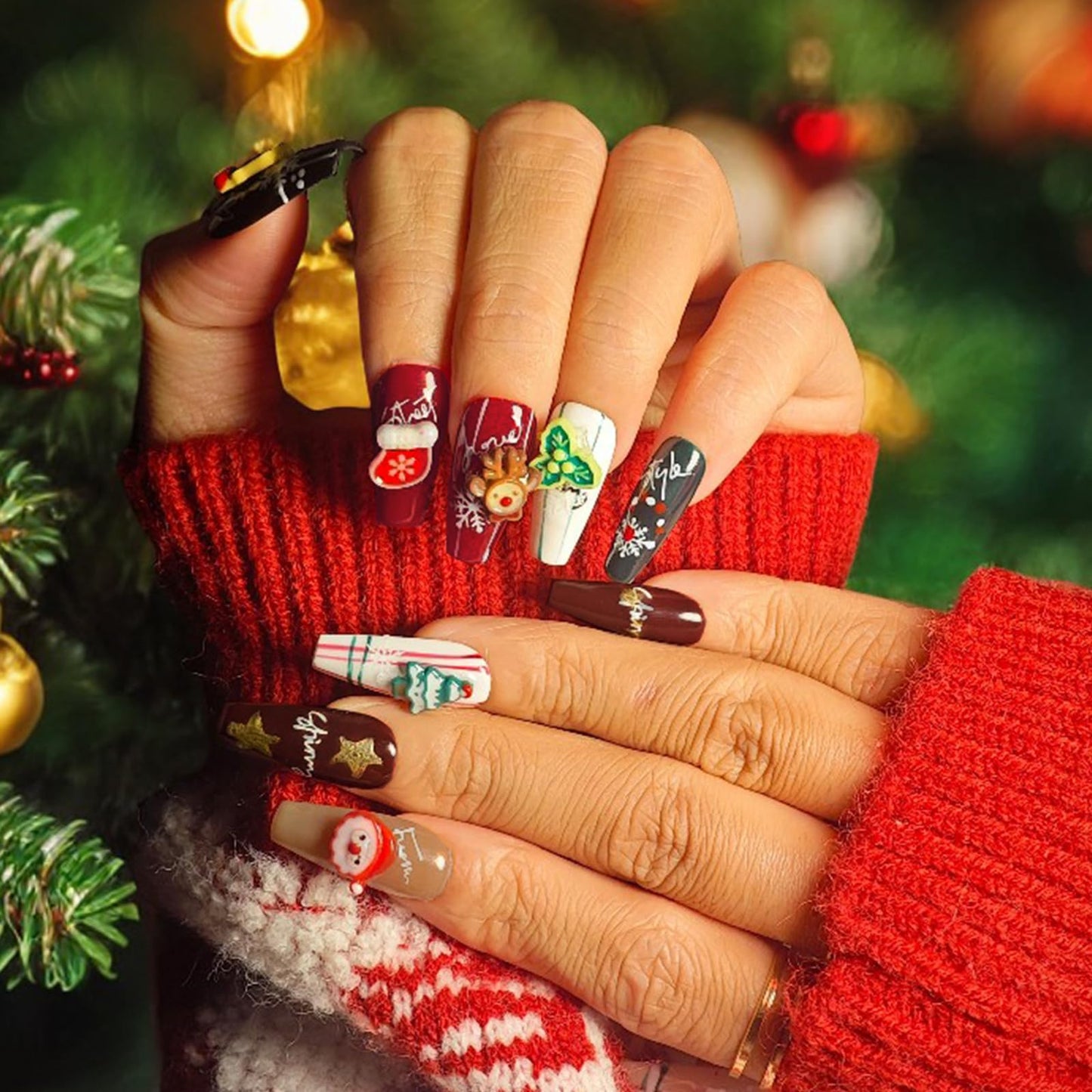 Handmade Press On Nails Coffin, Red Medium, Cute 3D for Women Gift, Reusable Stick On Fake Kit With Glue (Green/Red/White, XS)