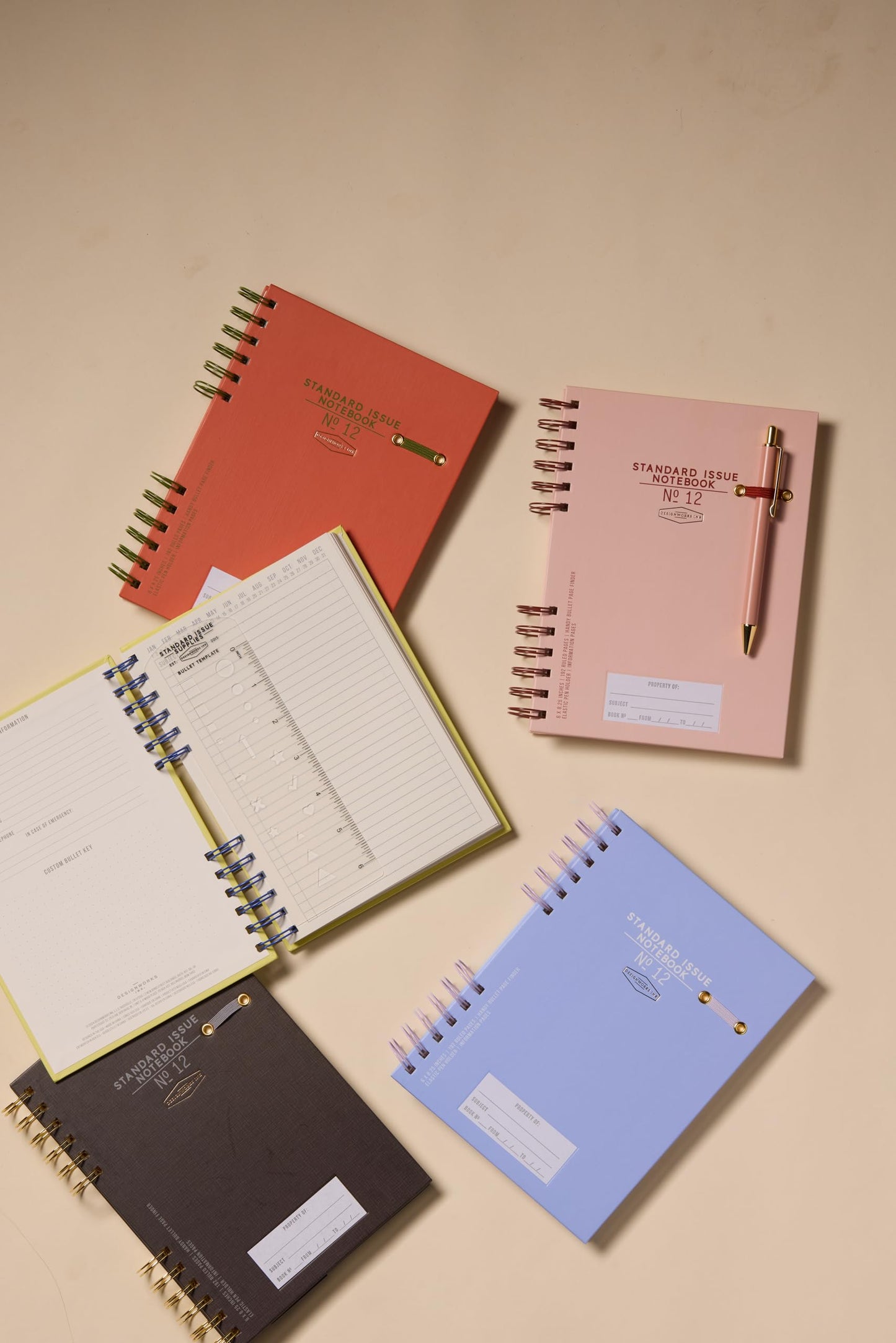 DesignWorks Ink Standard Issue Notebook No. 12, Undated Daily Planner & Writing Journal, 192 Lined Pages, Elastic Pen Holder, Small Spiral Notebook for Work & Journaling, 6 x 8.25 in, Army Green + Chili