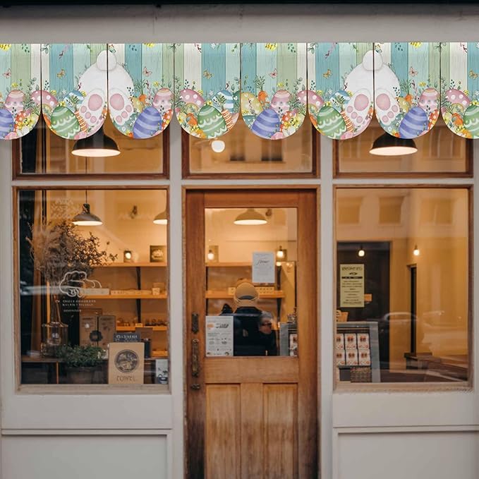 Cute Easter Bunny Banner 4Pcs Indoor Outdoor Hanging Banner Flag Eucalyptus Leaves Colorful Eggs Wooden Sign for Fireplace Mantel Decorative Bunting Garland Valance for Shop Door Decor 9.8"x15.8"