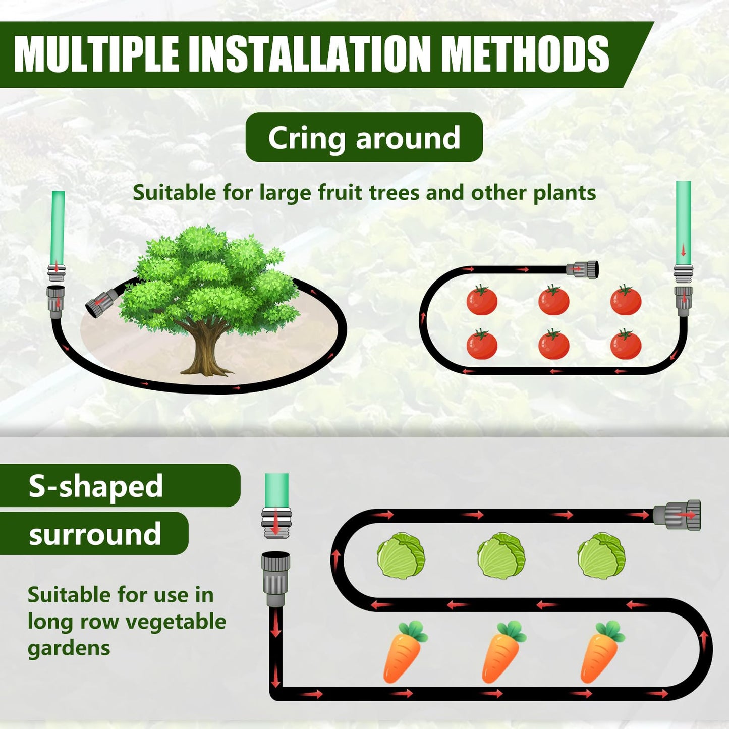 Soaker Hose 100FT, Thickened Flat Soaker Hoses For Garden 100 ft 2 pack, Drip Irrigation Hose Saves 80% Water, Leak-free Design Water Hose with Holes For Lawn, Flower Bed, Vegetable Field (50 FT x 2)