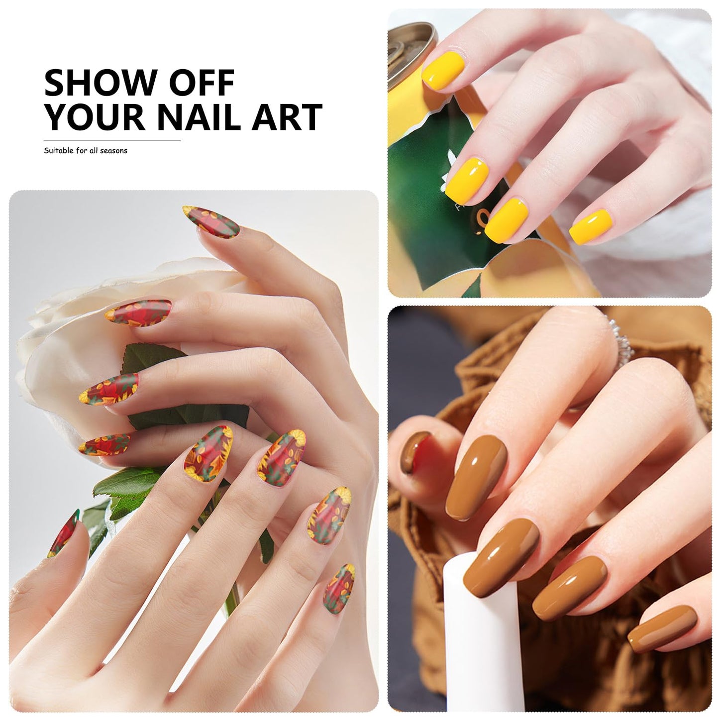 SILPECWEE 20 Sheets Fall Nail Wraps for Women Nail Polish Stickers Maple Leaves Solid Color Stick on Nail Polish Strips Self Adhesive Gel Nail Strips Fingernail Sticker with Nail File