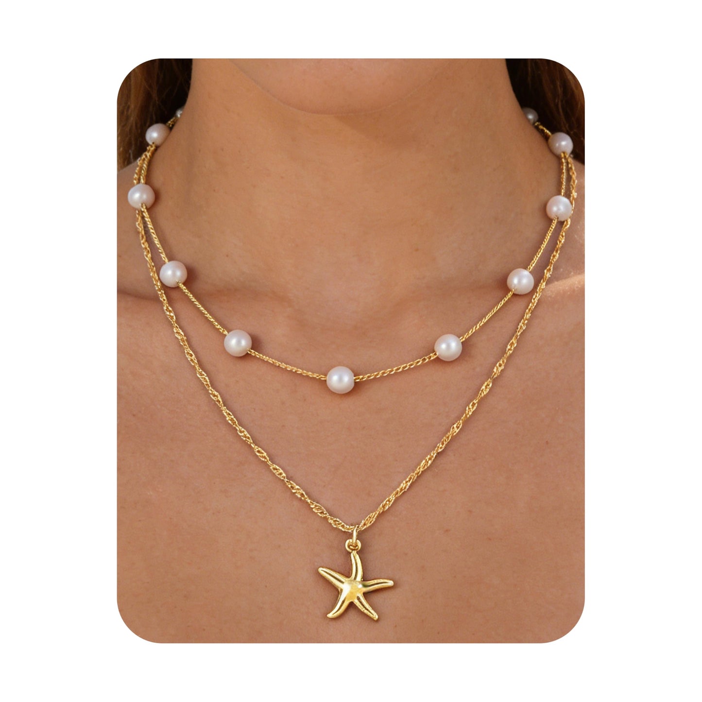 Beach Layered Starfish Necklace for Women, 14K Gold Plated Shell Conch Seashell & Pearl Charm Pendant, Dainty Coastal Summer Vacation Jewelry