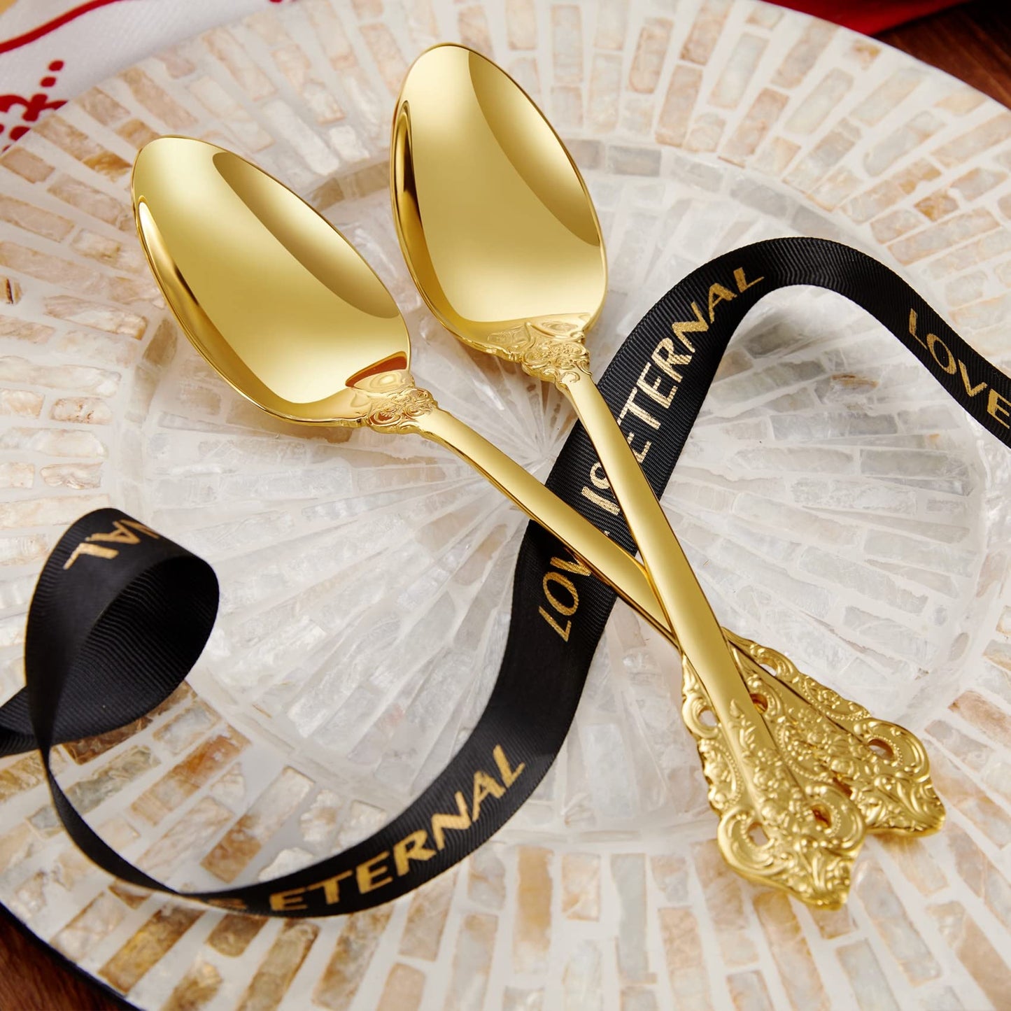 KEAWELL 2-Piece Gorgeous Large Serving Spoon, 18/10 Stainless Steel, Fine Large Serving Spoon, Sturdy Tablespoon, Dishwasher Safe, 9.4" (Gold)