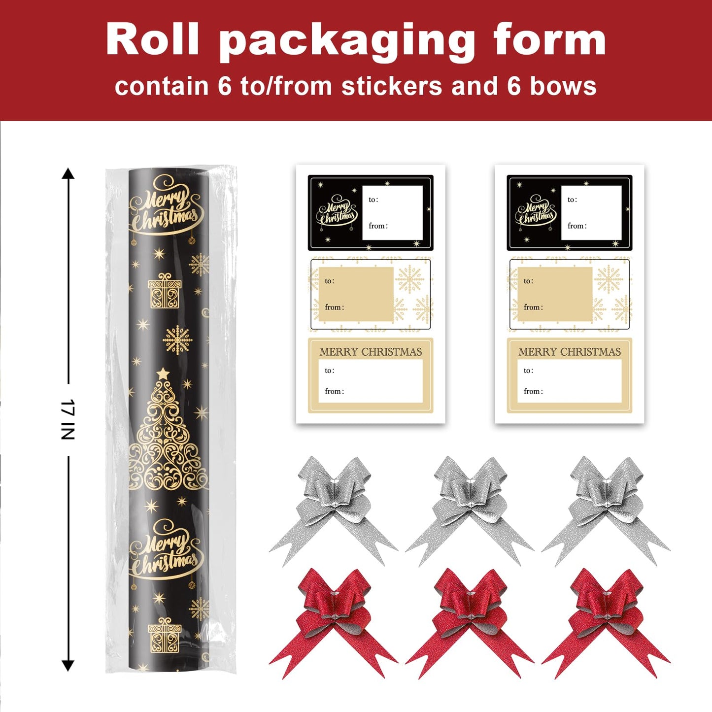 EWES Black Christmas Wrapping Paper Rolls Set, Cute Princess Kids Thick Aesthetic Elegant Girls Girly Heavy Duty Gift Wrap Sheets,Patterns with Christmas Tree,Reversible,Total 48.6sq.ft