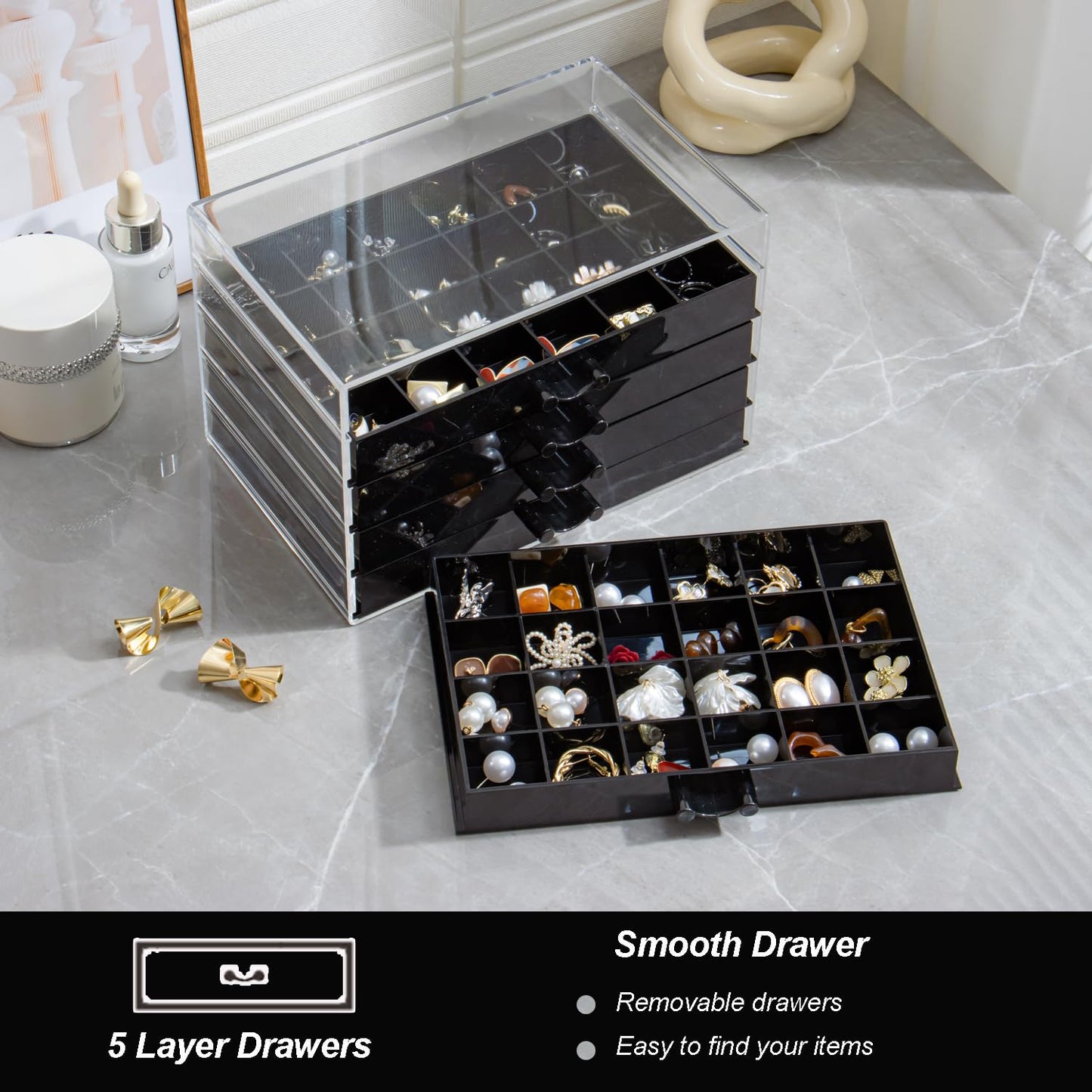 YUFONG Earring Storage Box Organizer, Acrylic Jewelry Storage Box Holder 5 Drawers Transparent Jewelry Display Stand with 120 Small Compartments Gift Boxes for Women Girls (Black)