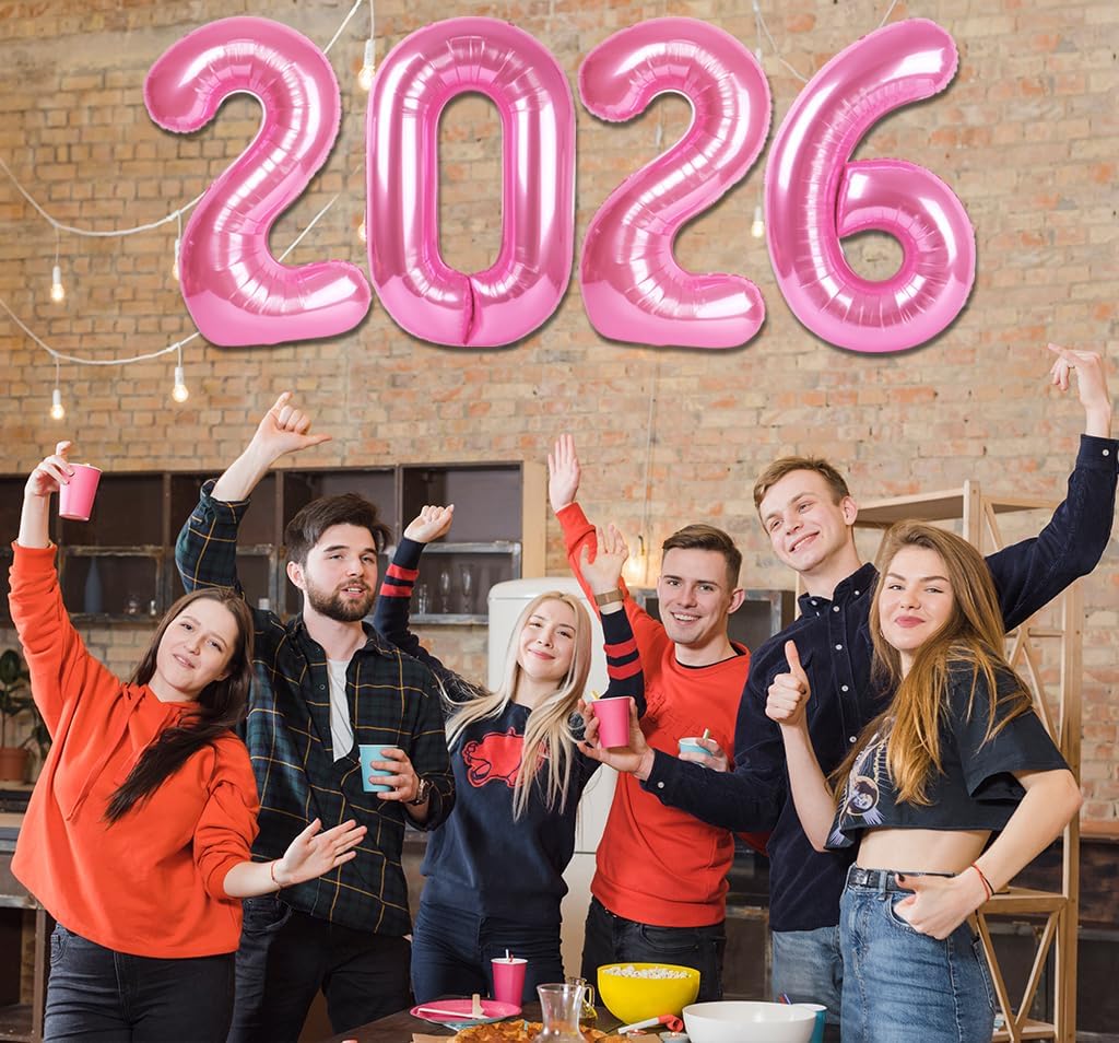 2026 Balloon - Pink Birthday Number Balloons, 40 Inch Large Foil Balloons for Men Women Boys Girls Pink Themed Birthday Decorations，Number 2026 Balloon