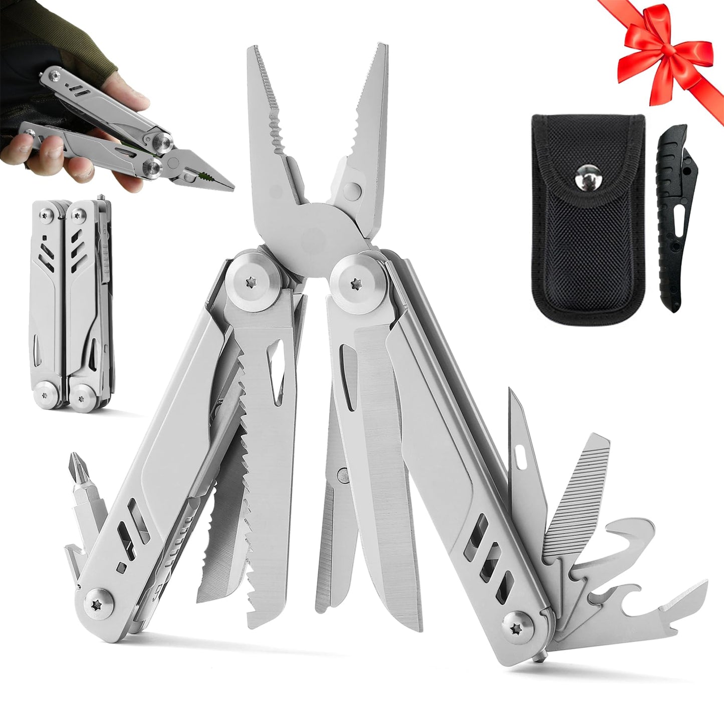 Elvesoar 21-in-1 Stainless Steel Multitool, Self-Locking EDC Multi Tool with Needle Nose Pliers, Pocket Knife, 2 Screwdriver Bits, Saw, Sheath & Fire Starter - 10.3oz, Camping Gifts for Men