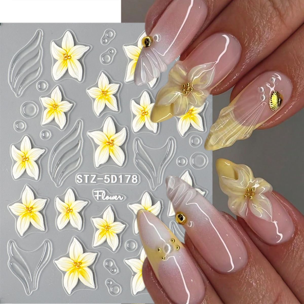 4Psc Summer Flower Nail Art Stickers 5D Embossed Self-Adhesive Hawaiian Floral Nail Stickers Hibiscus Flowers Nail Decals French Design Nail Decoration Supplies for Women DIY Manicure