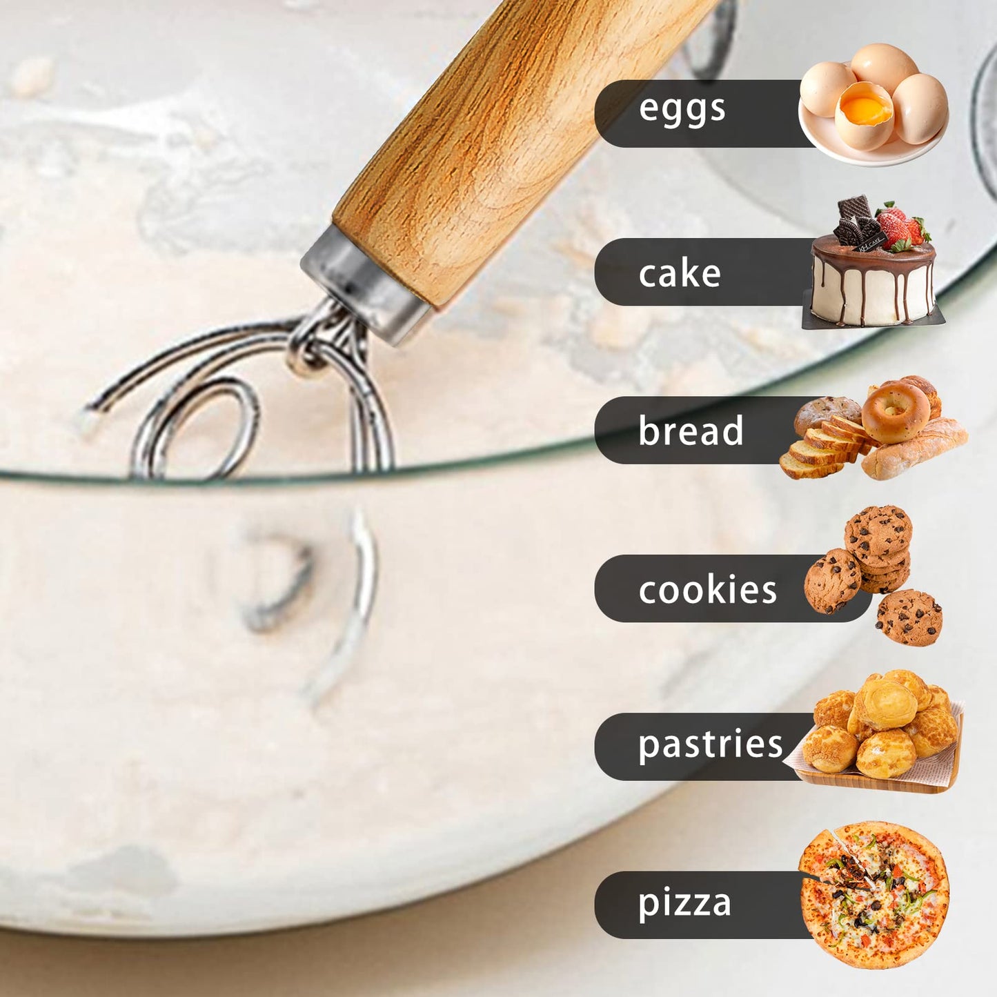 TEEVEA Danish Dough Whisk Stainless Steel Wooden Handle for Sourdough Pizza Bread Baking