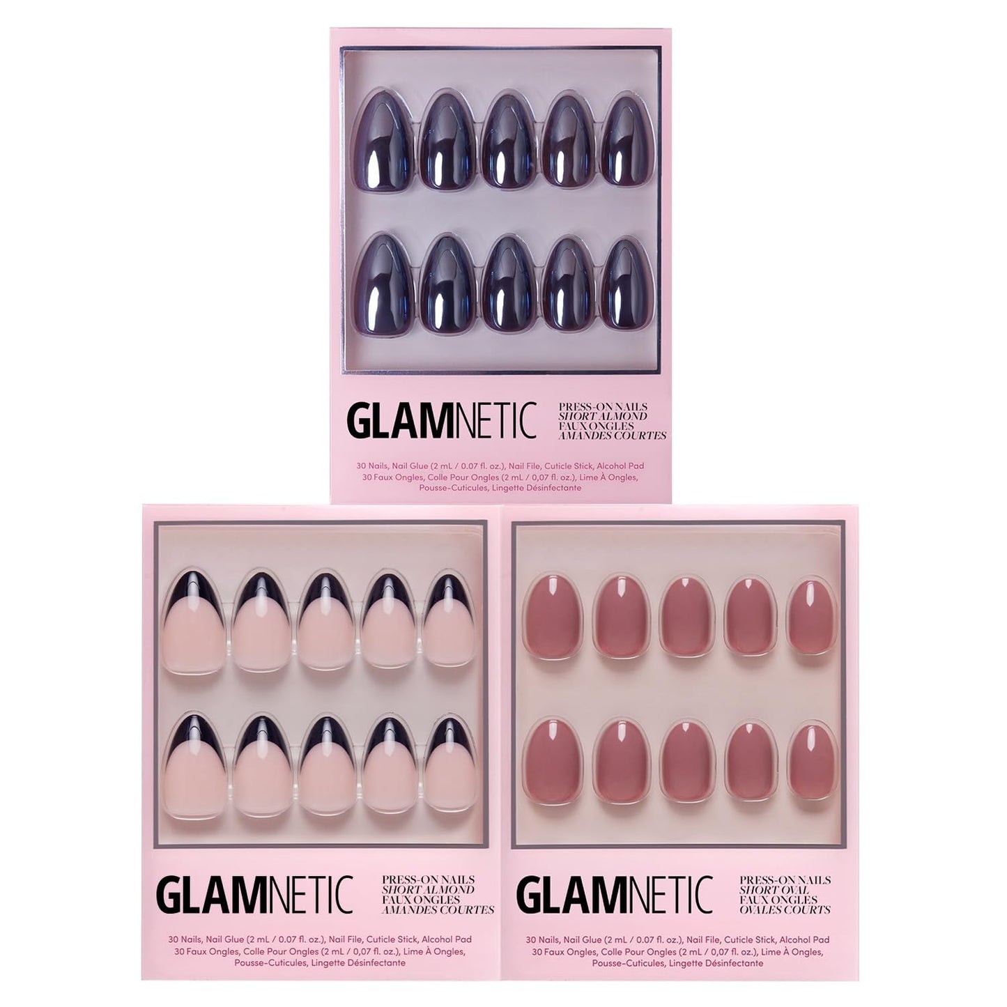 Glamnetic Press-On Nails Bundle - Burgundy Chrome, Fall Mauve & Caviar | Almond Fake Nails with a Metallic Chrome Finish | Muted Blush Mauve Oval False Nails | Short Almond Black French Ti