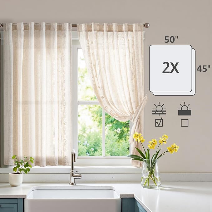 jinchan Winslow Linen Curtains 45 Inch Length Small Window Curtains Embroidered Bordered Floral Drapes Light Filtering for Bathroom Laundry Room Kitchen Farmhouse Decor White on Beige 2 Panels