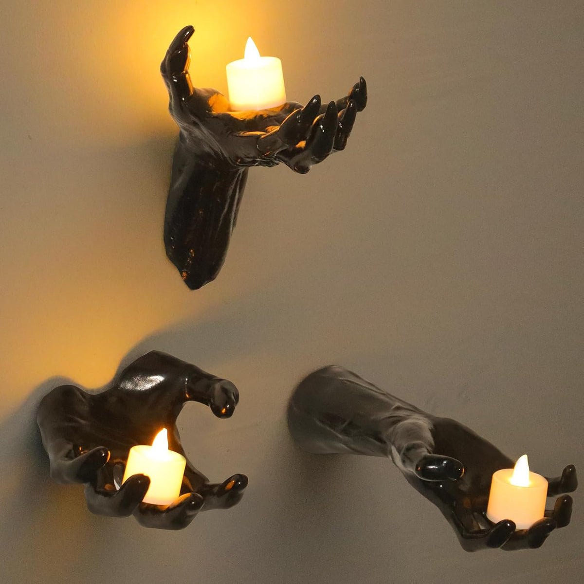 Halloween Decorations, 3 Pack Wall Mounted Creepy Reaching Hands with LED Candles, Life-Sized Horror Wall Hands for Gothic Wall Decor Outdoor/Indoor (Style 2)