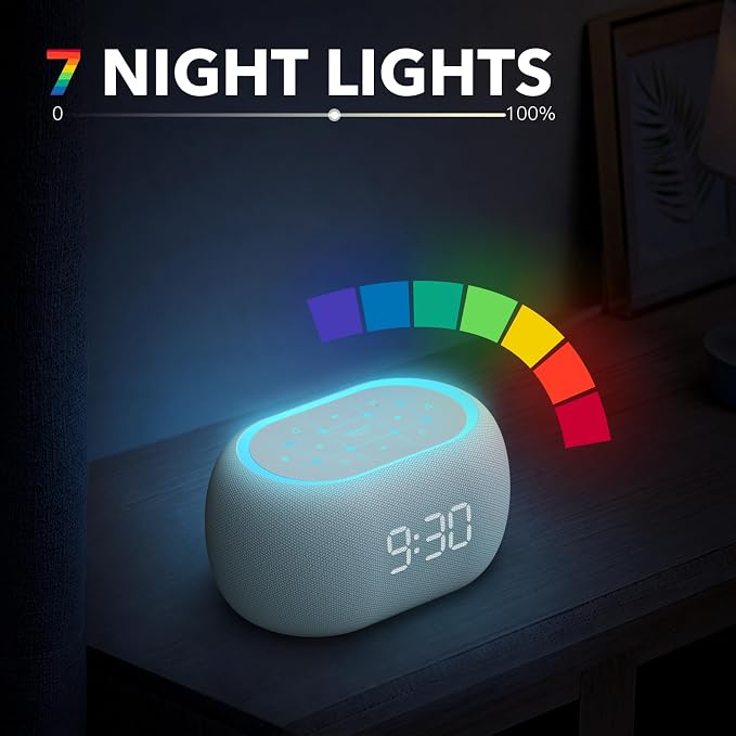 ANJANK White Noise Sound Machine Alarm Clock with Bluetooth Speaker, 21 Relaxing Sounds, 7 Night Lights,0-100% Dimmer/Sleep Timer/30-Level Volume Control,Sound Machine for Kids Adults Sleeping,Bedroom