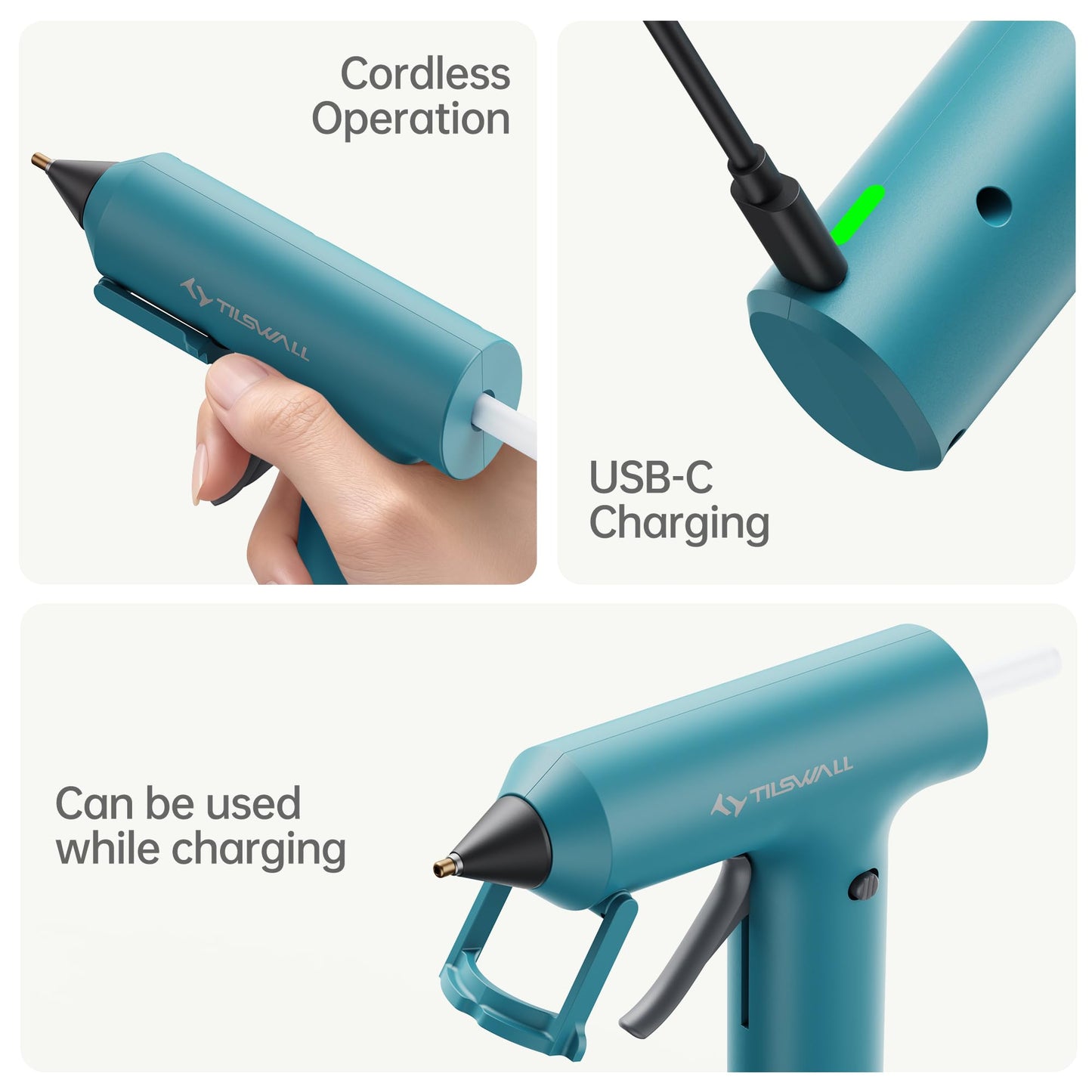 Tilswall Cordless Hot Glue Gun, Fast Preheating, Glue Gun and Sticks Set with 2Ah USB-C Rechargeable, 20 Premium Glue Sticks, High Temp Compact Size Ideal for Crafts, DIY Making, Repairs Blue
