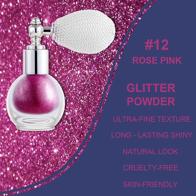 Rose Pink Glitter Spray for Face and Body, Rich Color Loose Shimmer Powder Long Lasting Sparkly Spray High Gloss Makeup for Women Rave Festival Prom Stage Wedding Party, #12