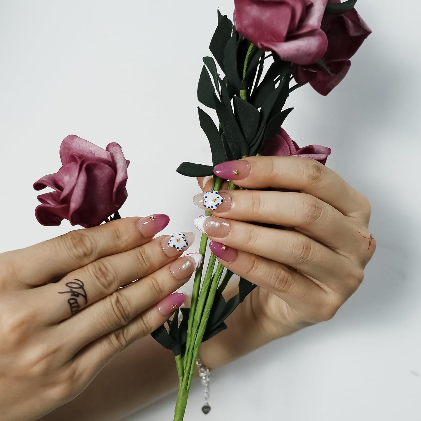 Tesytto 3D Floral Press on Nails Short Almond - Handmade Water Ripple & Pearl Design, Ombre Pink French Tip Summer Mermaid Nails (Coral Violeta,S)