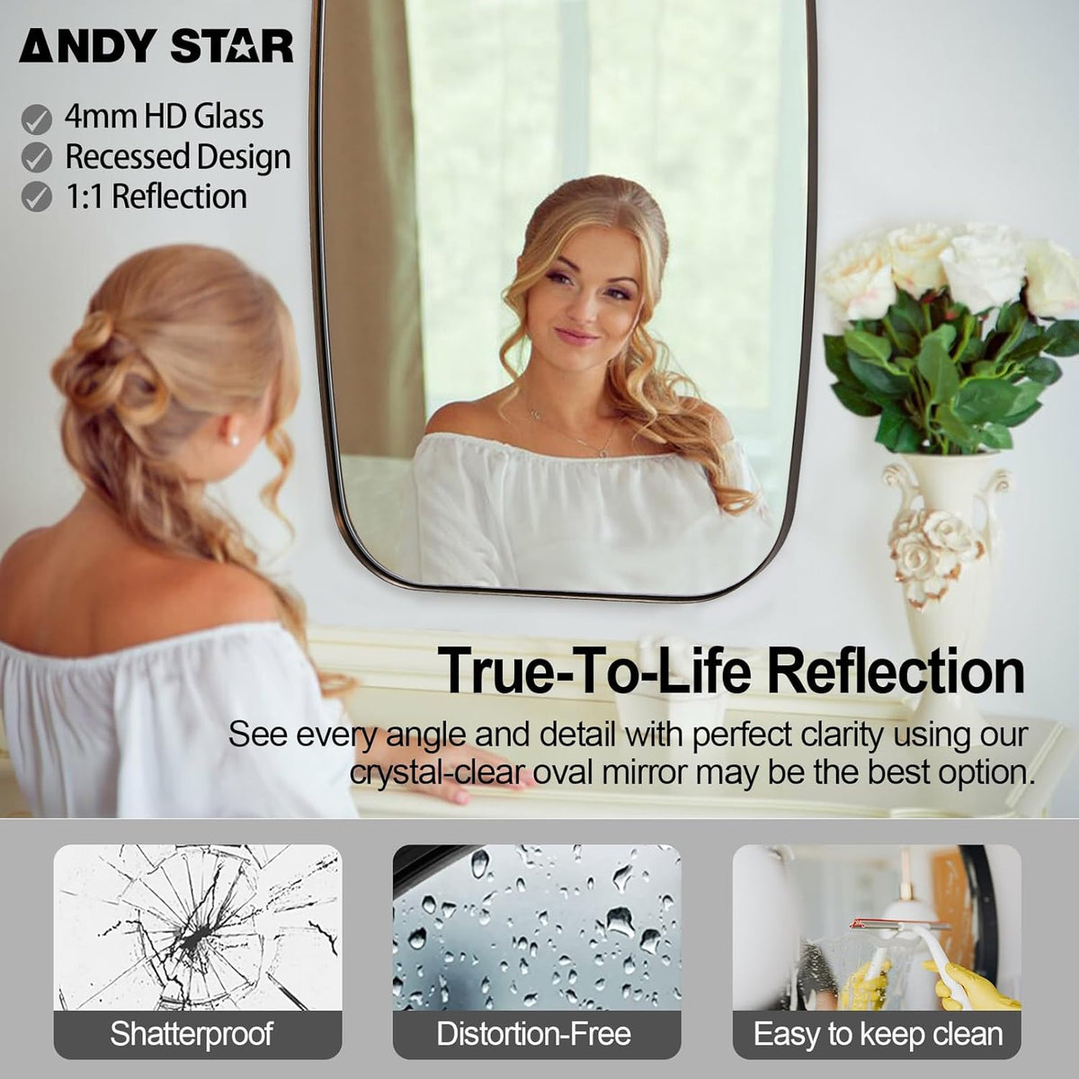 ANDY STAR Bronze Oblong Mirror, 36x48 Inch Brushed Bronze Oval Mirror for Bathroom with Stainless Steel Metal Frame, Wall Mouned for Bathroom, Living Room, Entryway