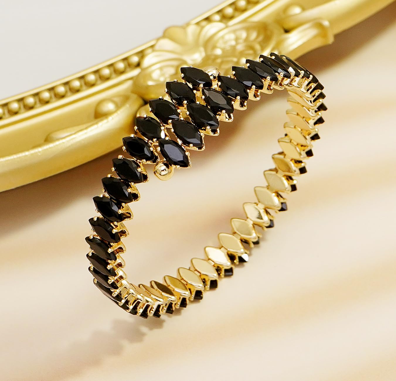 Wovanoo Rhinestone Cuff Bracelet Cubic Zirconia Tennis Bracelets Open Adjustable Bangle for Women Gold Black