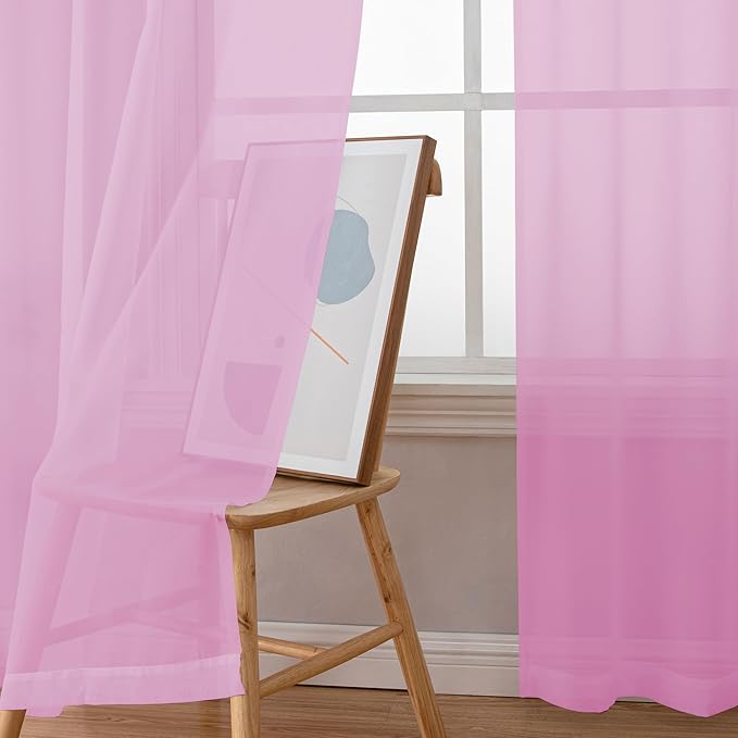 Simplebrand Pink Sheer Curtains 63 Inch Length 2 Panels, Rod Pocket Solid Color Window Sheer Curtain Panels, Elegant Curtains & Drapes for Living Room, Bedroom 2 Panels (42" W x 63" L)