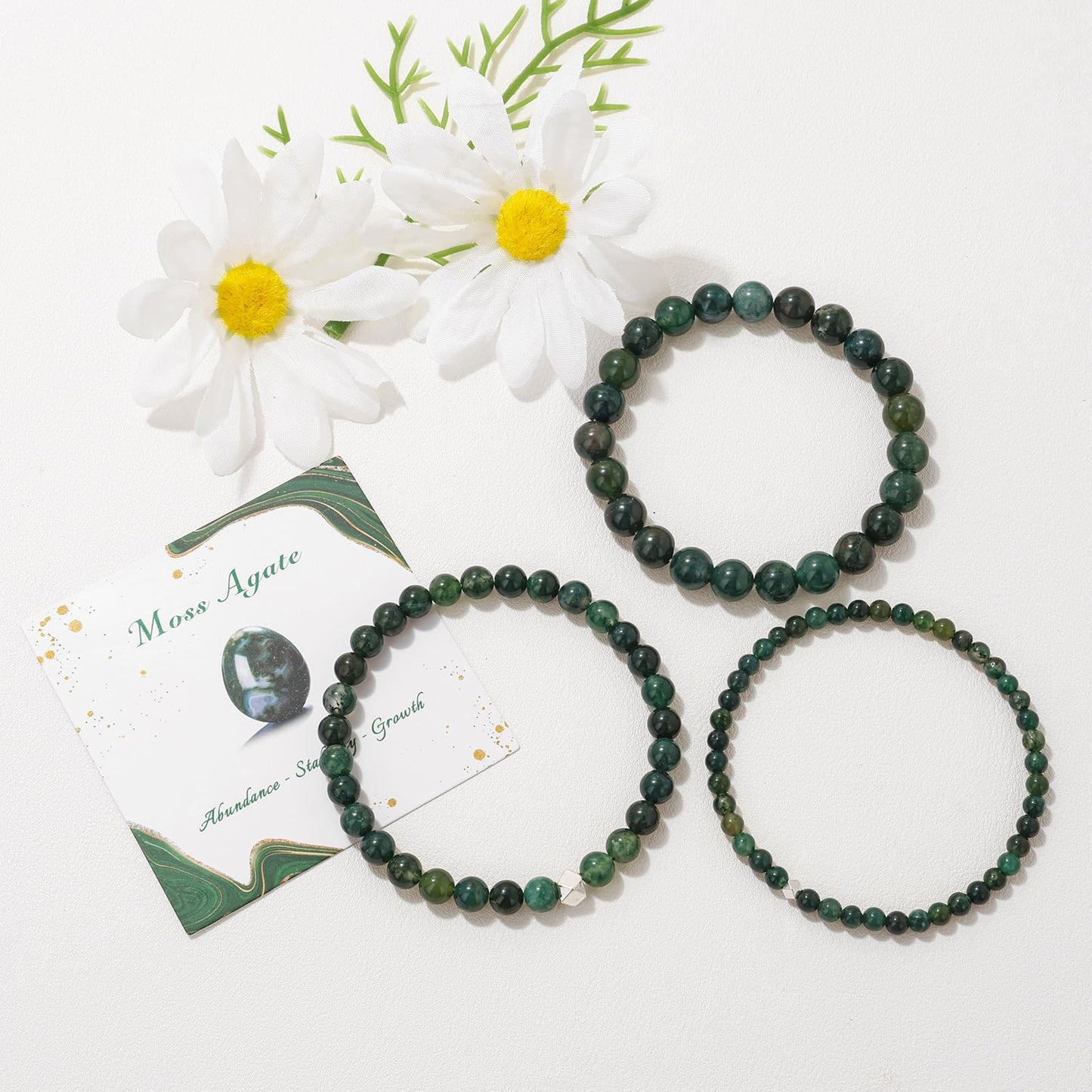 Raicegs 4MM Moss Agate Beaded Bracelets Healing Crystal Bracelet for Women Men Natural Stone Handmade Stretch Bracelet Reiki Spiritual Jewelry