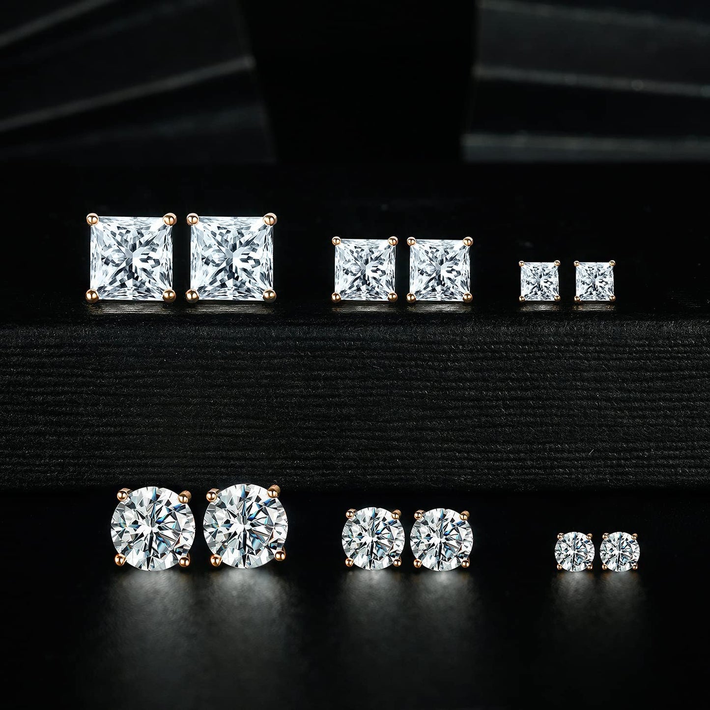 18K Rose Gold Plated Round Princess Cut Clear Cubic Zirconia Stud Earring of 6 Pairs (6 Pairs)