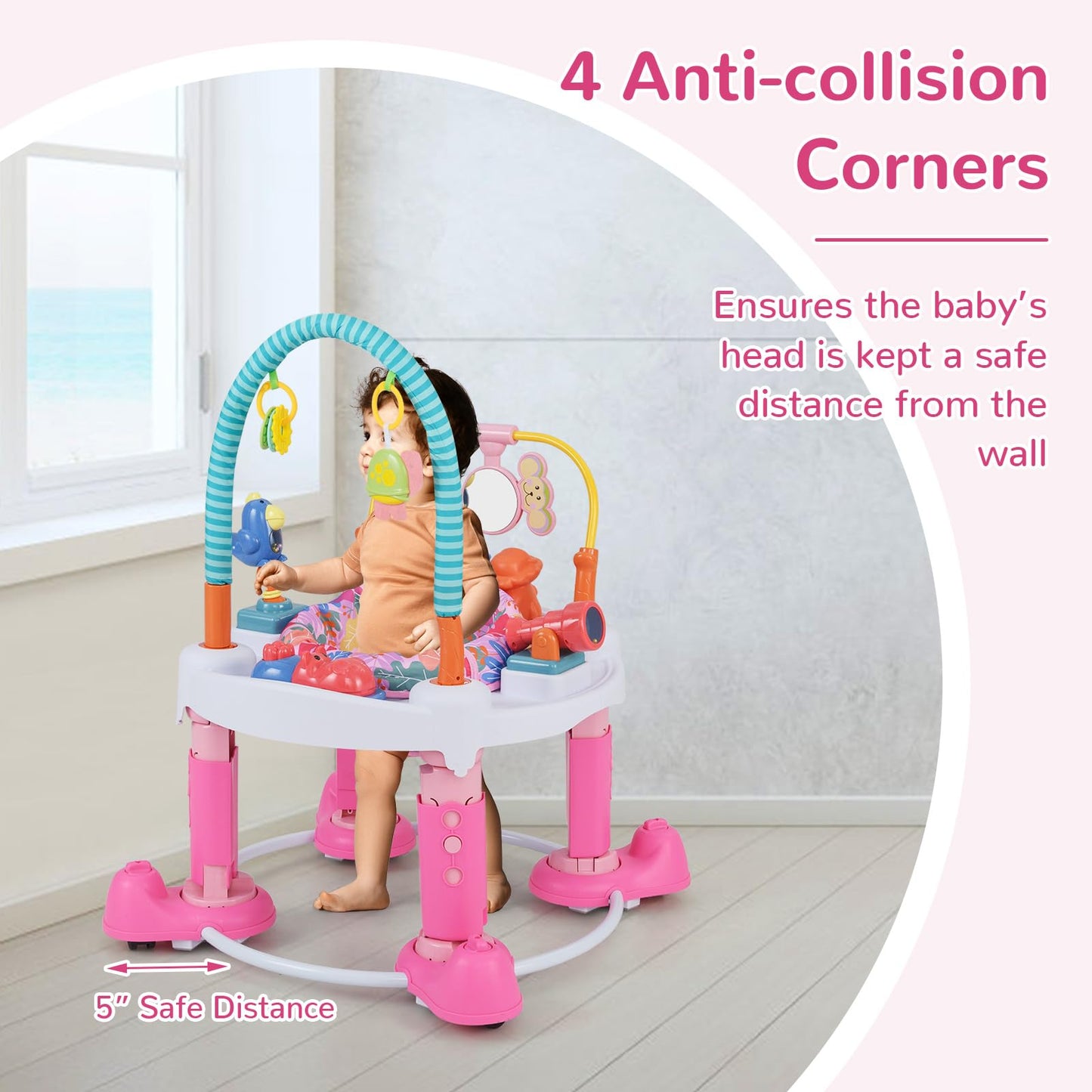INFANS Baby Bouncer Activity Center, 5 in 1 Toddler Bouncing Activity Saucer Playtime Mat Activity Table with 360°Rotating Seat, 3 Adjustable Height, Foldable Exersaucer Learning Walker (Pink)