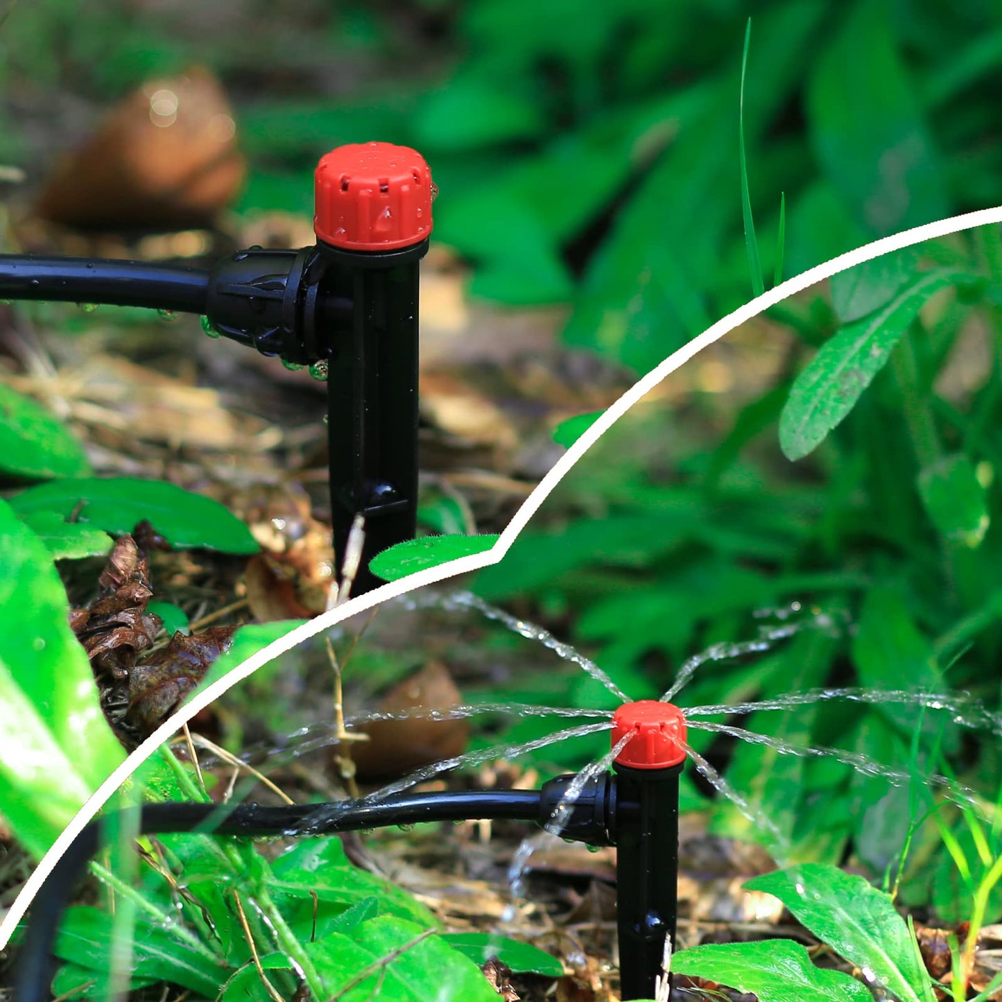 Drip Irrigation Emitters Adjustable 360 Degree Drip Emitters on 5" with Stake for 1/4" Drip Irrigation Tubing Irrigation Drippers for Garden Watering System. (50pcs-Red Drip)