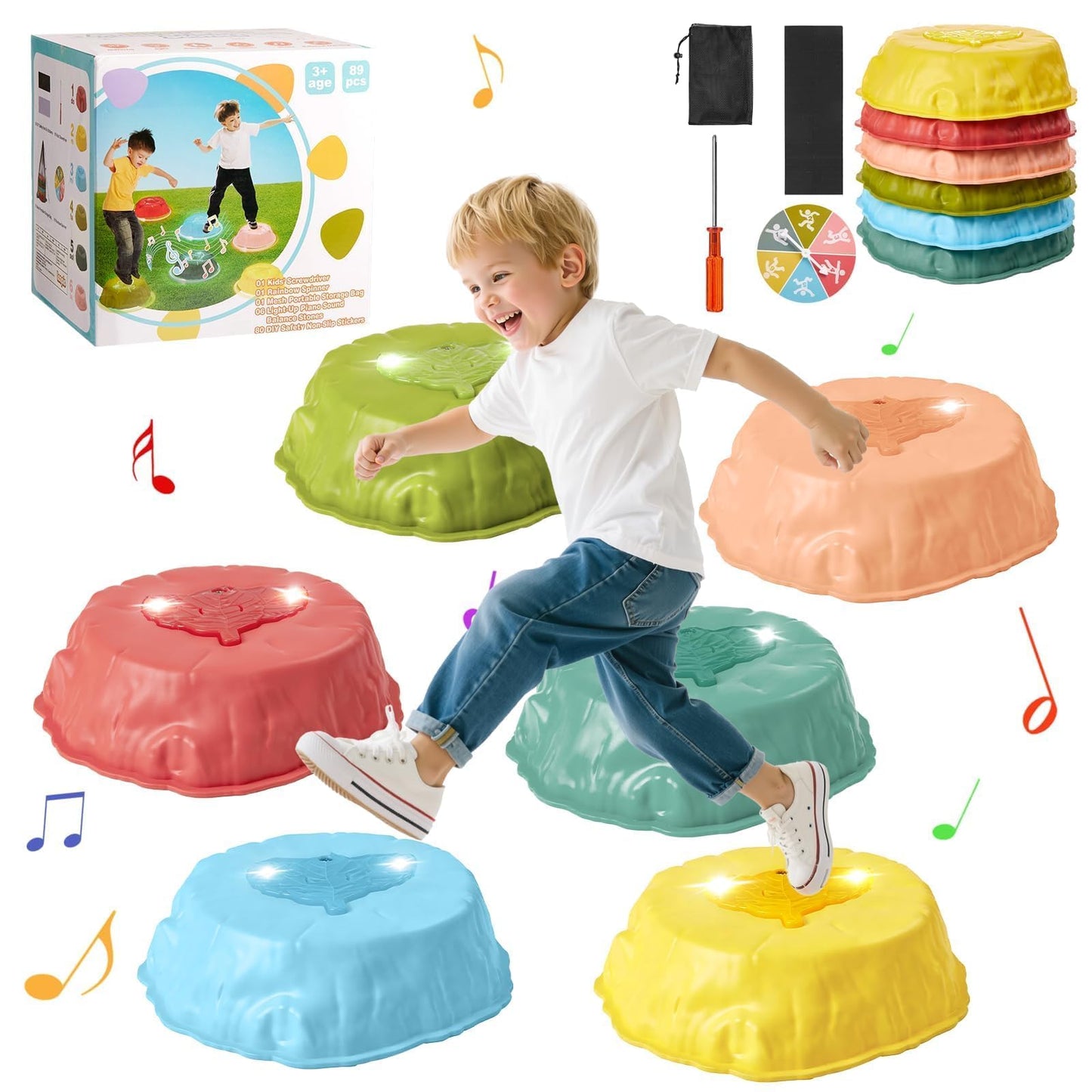 Gleamkid Light Up Stepping Stones for Kids with Music: 6PCS Thicker Double Non-Slip Balance Stepping Stones with Rainbow Spinner, Indoor Outdoor Sensory Toy for Toddlers Ages 3+, Boys & Girls Gifts