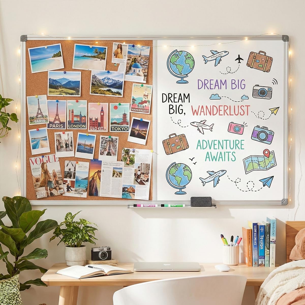 Magnetic Combination Whiteboard & Cork Bulletin Board 48 x 36 Inch - Dual Surface Vision Board for Home Office Organization, Kitchen Meal Planning & School Study - Silver Aluminum Frame