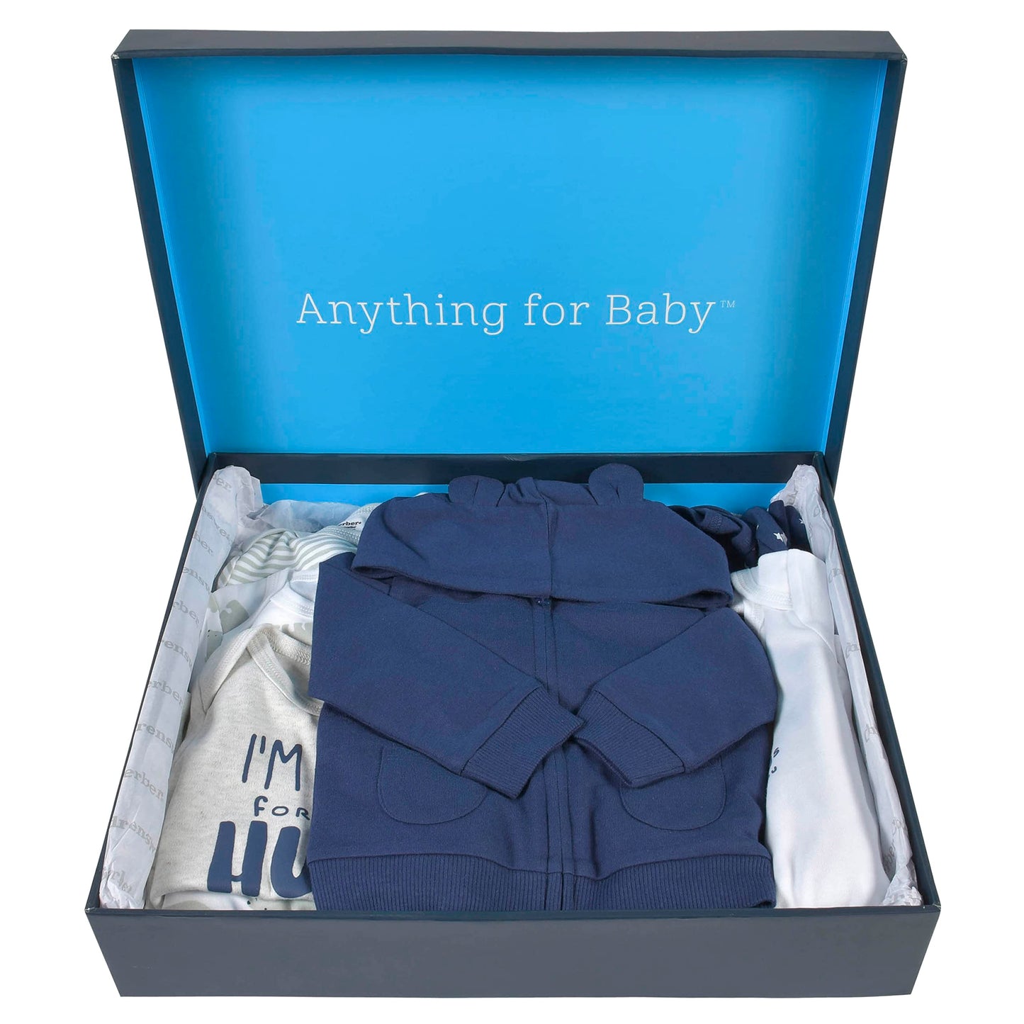 Gerber Baby 8-Piece Clothing Gift Set (5Pk Bodysuits 2Pk Pants & 1Pk Hooded Cardigan), Blue, Newborn