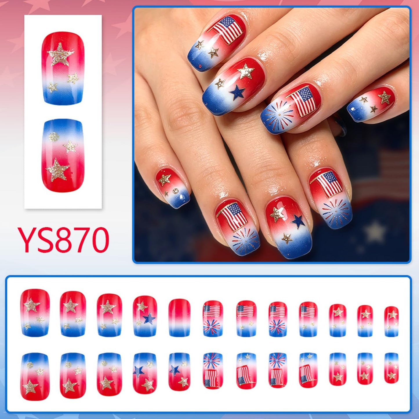 Independence Day Press on Nails Medium Square Fake Nails Gradient US Flag Color Stars Glitter with Fireworks False Nail 4th of July Stick on Glue on Artificial Fingernails for Women Holiday Manicure