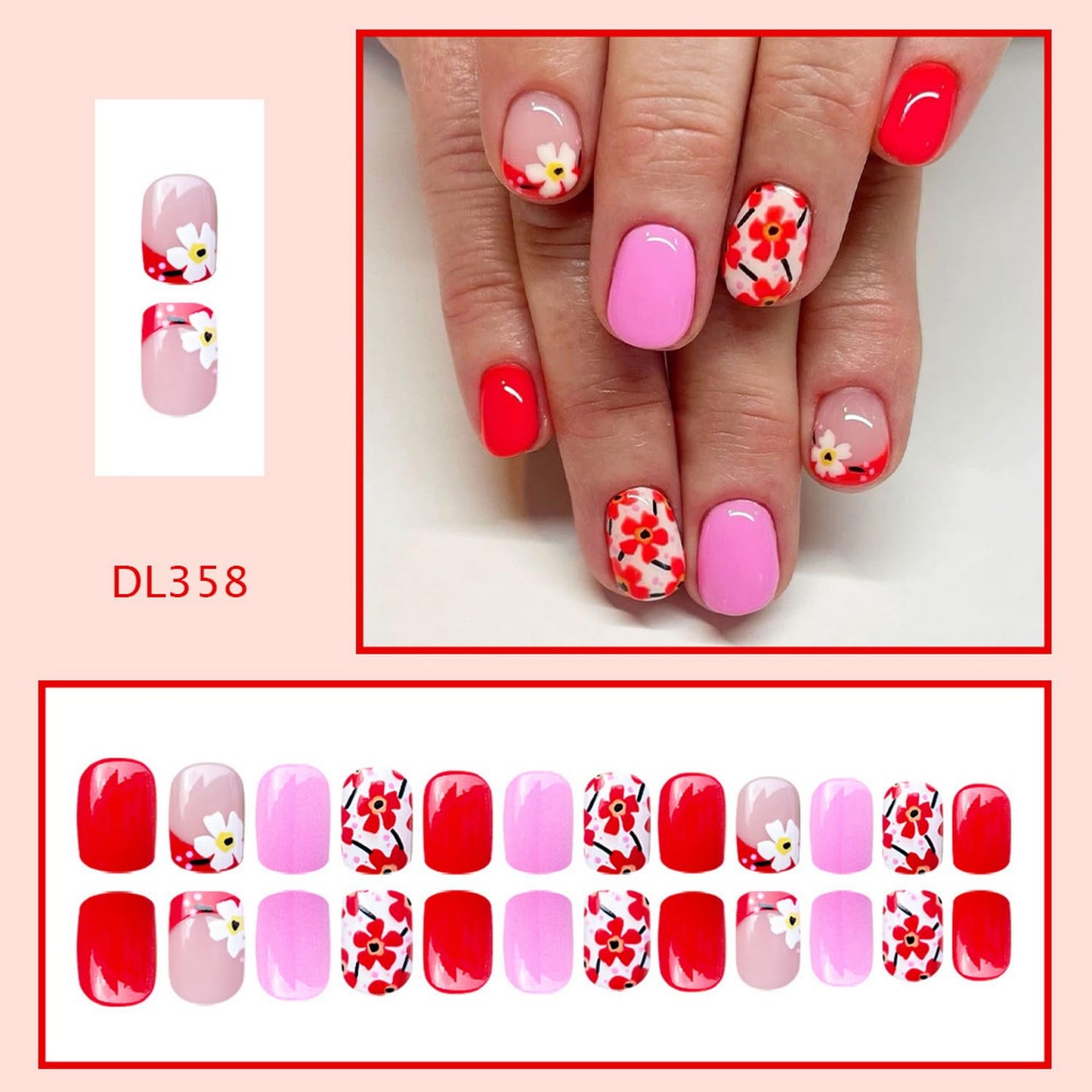 24pcs Short Square Press on Nail Flower Fake Nails Pink Red Press ones with deisgns Acrylic False Nails French Tip Stick on Nail Glossy Cute Glue on Nails for Women Spring Summer