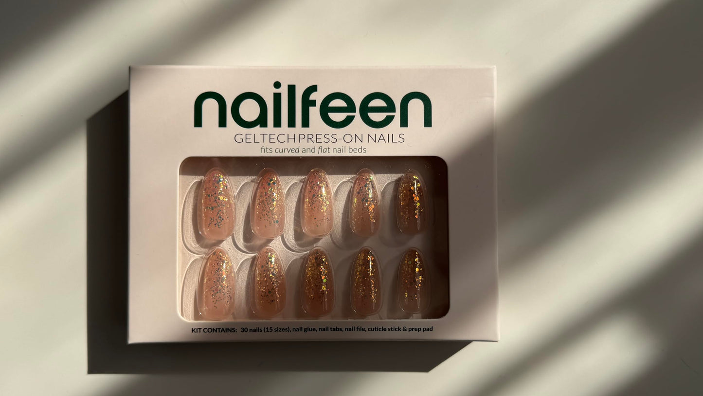 Nailfeen GelTech™ Press-On Nails - "Champagne Problems" | Nude Glitter Ombre Tip | Medium Almond, Soft Gel Nails | 30 Nails in 15 Sizes