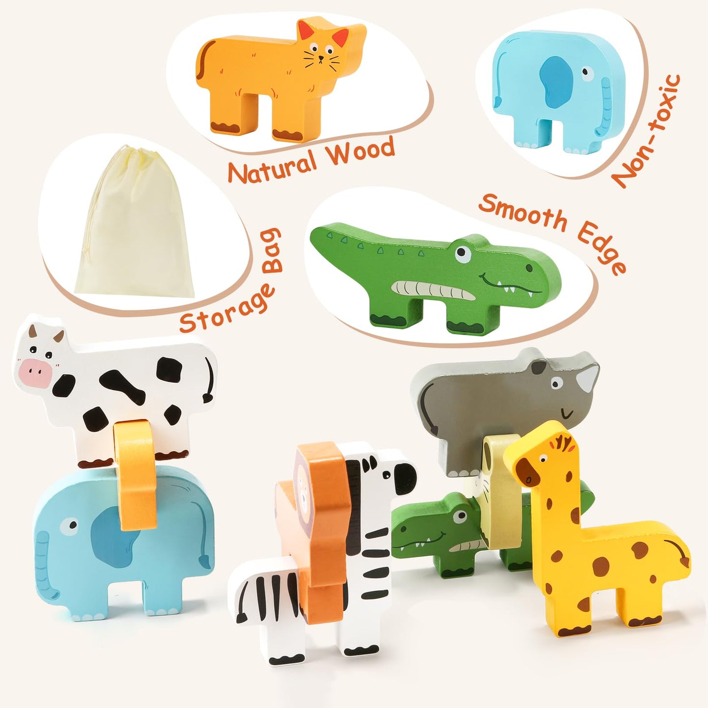JugueteLand Wooden Animal Stacking Puzzle Toy, Educational Balancing Activity Toy for Kids, Wooden Zoo Animal Building Blocks Stacker & Bag, Stacking and Balance Toys for Toddlers 2-4 Years