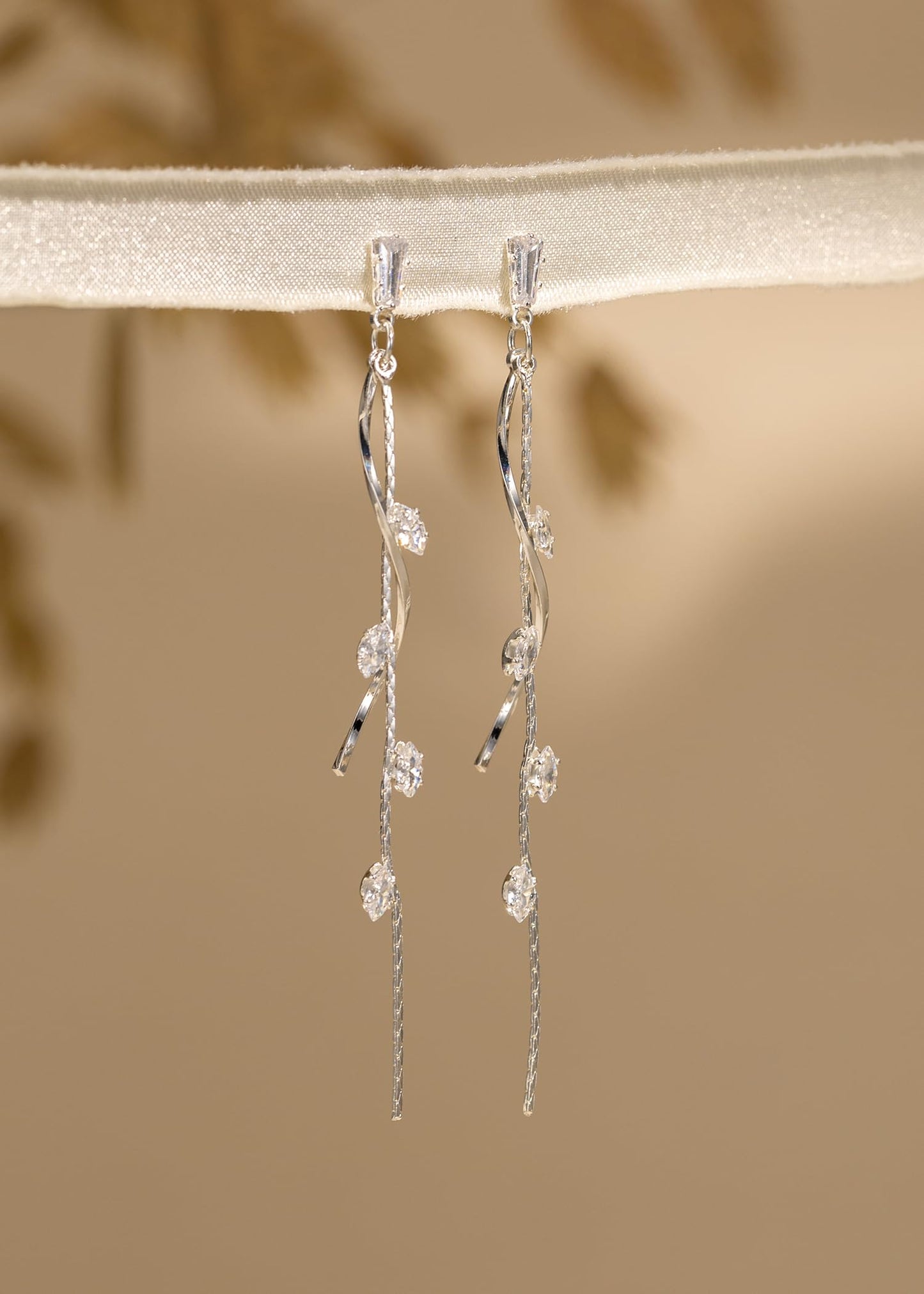 PRTGL Dangle Earrings for Women - 14K White Gold Plated Long Twist Tassel Dangle Earrings with Tiny Cubic Zirconia