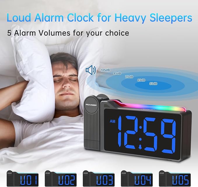 Peakeep Projection Alarm Clock for Bedroom Ceiling with Colorful Nightlight