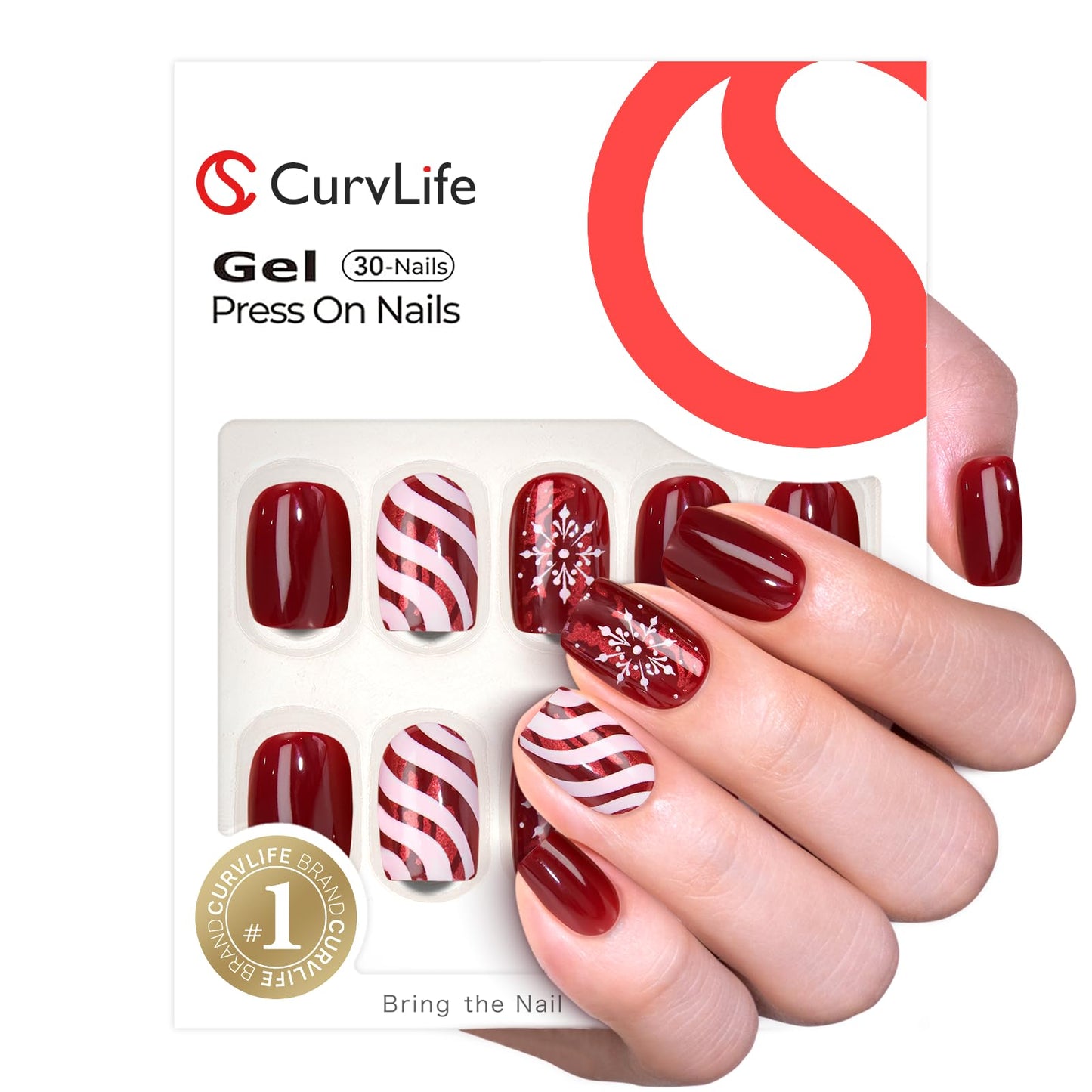 Curvlife Press On Nails – 30PCS Full Cover False Natural Fit Soft Gel Fake Nails Tips, Easy to Apply at Home Glue On False Nails Kit (Holiday Frost, Short)