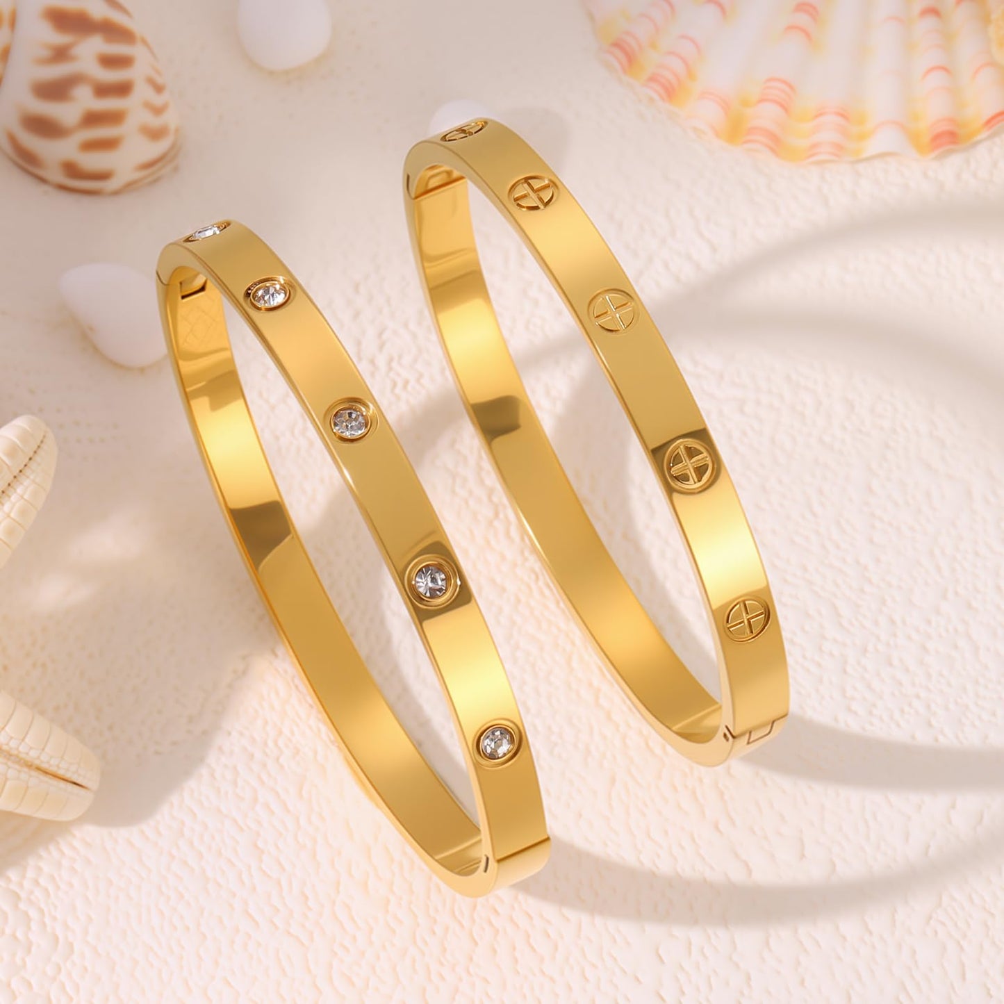 Camhanno 18K Gold Plated Stainless Steel Cuff Bracelet & Love Friendship Screw Bangle Bracelet Set for Women with Gift Box (2Pcs Gold Set Style 3)