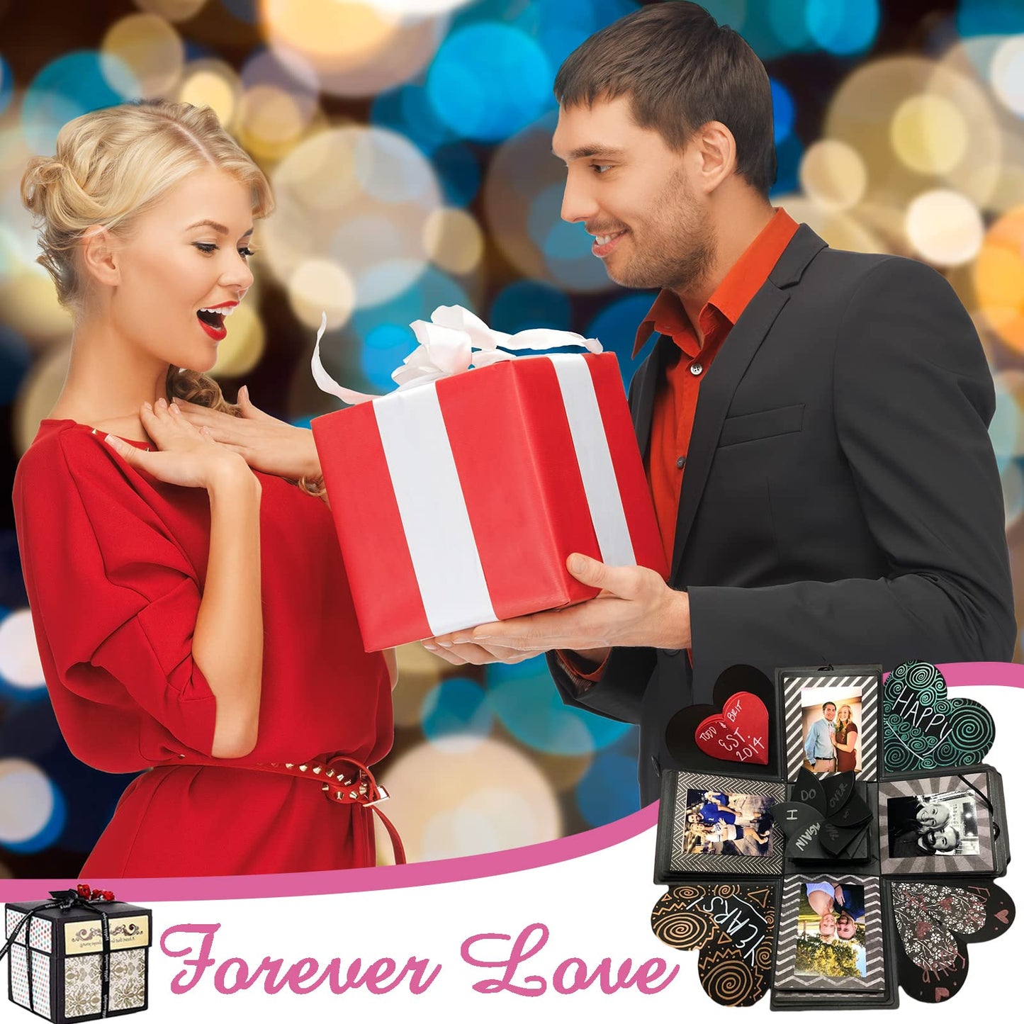 Hamiggaa Explosion Box Gifts,Surprise Creative DIY Photo,Exploding Love Box,Love Memory Photo Box with 4 Faces for Anniversary,Birthday,Valentine's Day and Wedding(Black)